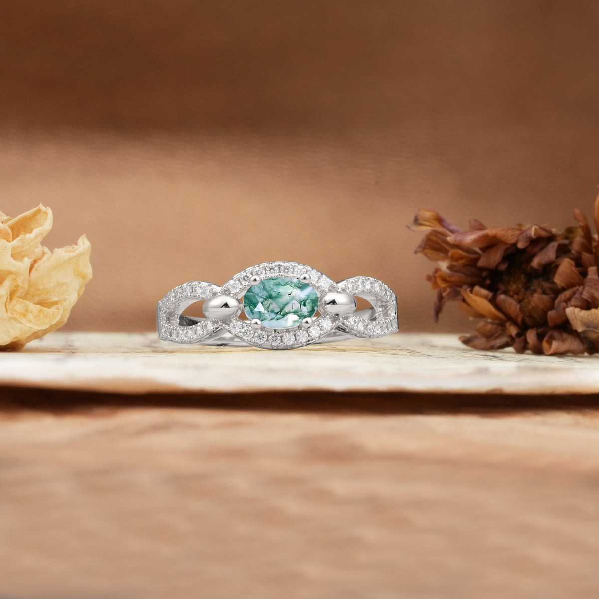 Luxurious And Unique 4 Prong Oval Cut Moss Agate Engagement Ring - Additional view