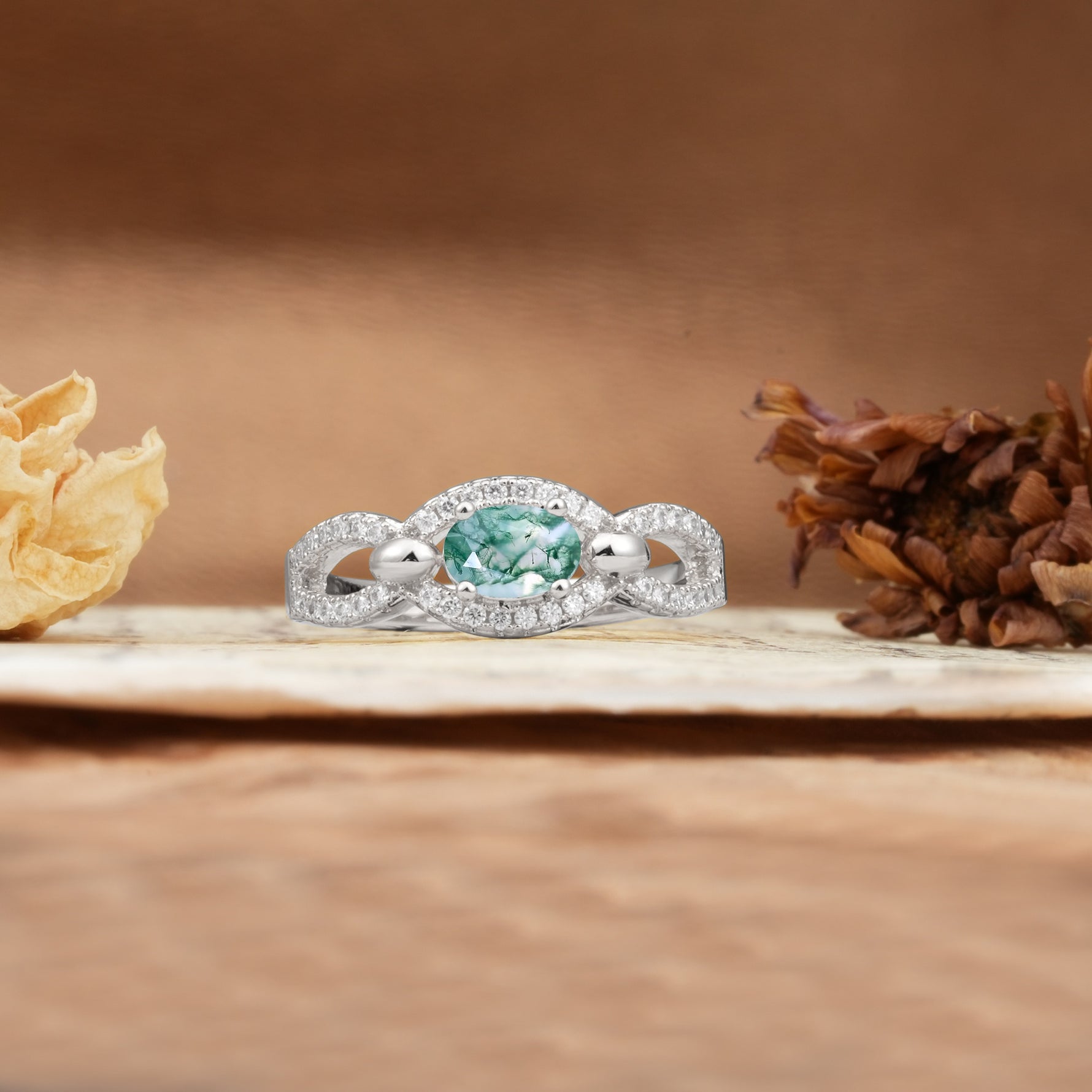 Luxurious And Unique 4 Prong Oval Cut Moss Agate Engagement Ring - Additional view