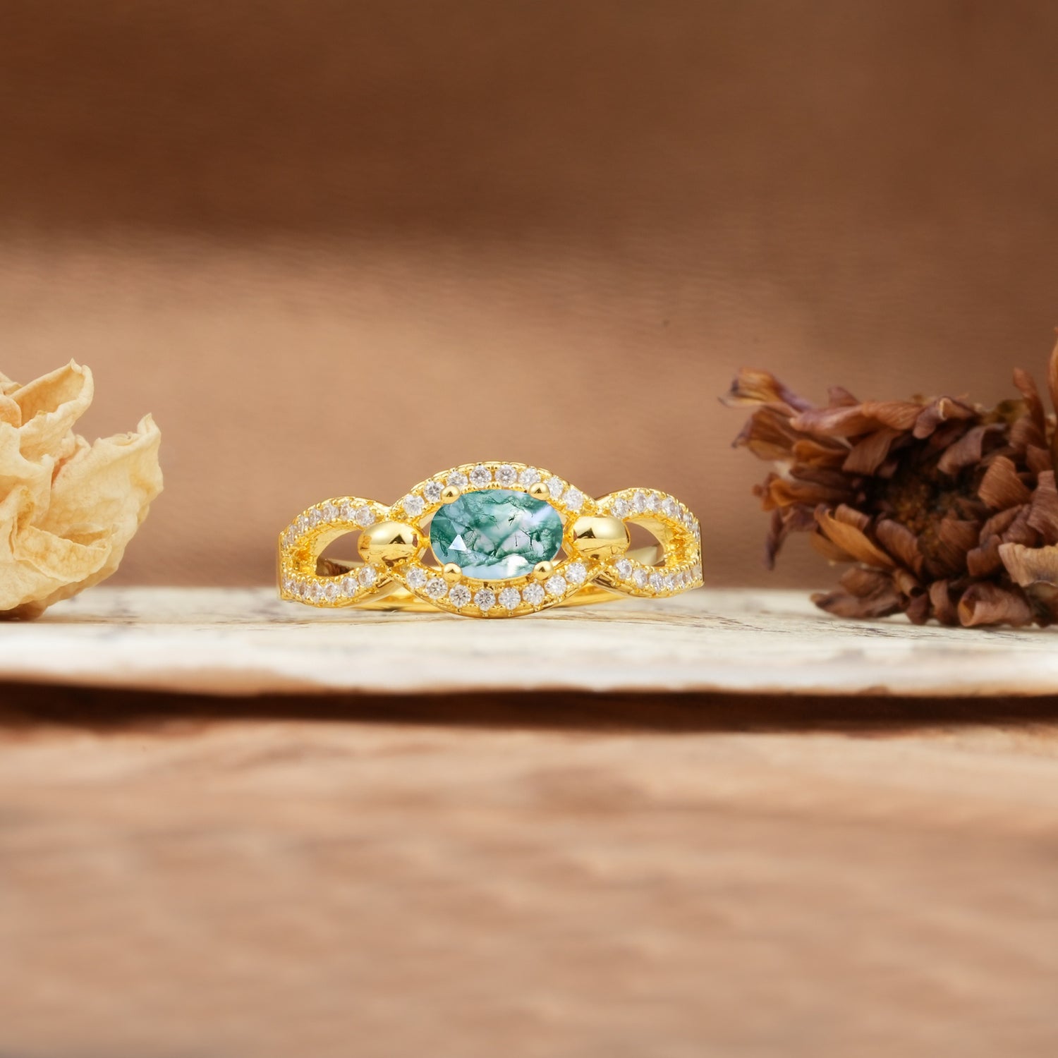 Luxurious And Unique 4 Prong Oval Cut Moss Agate Engagement Ring - Additional view