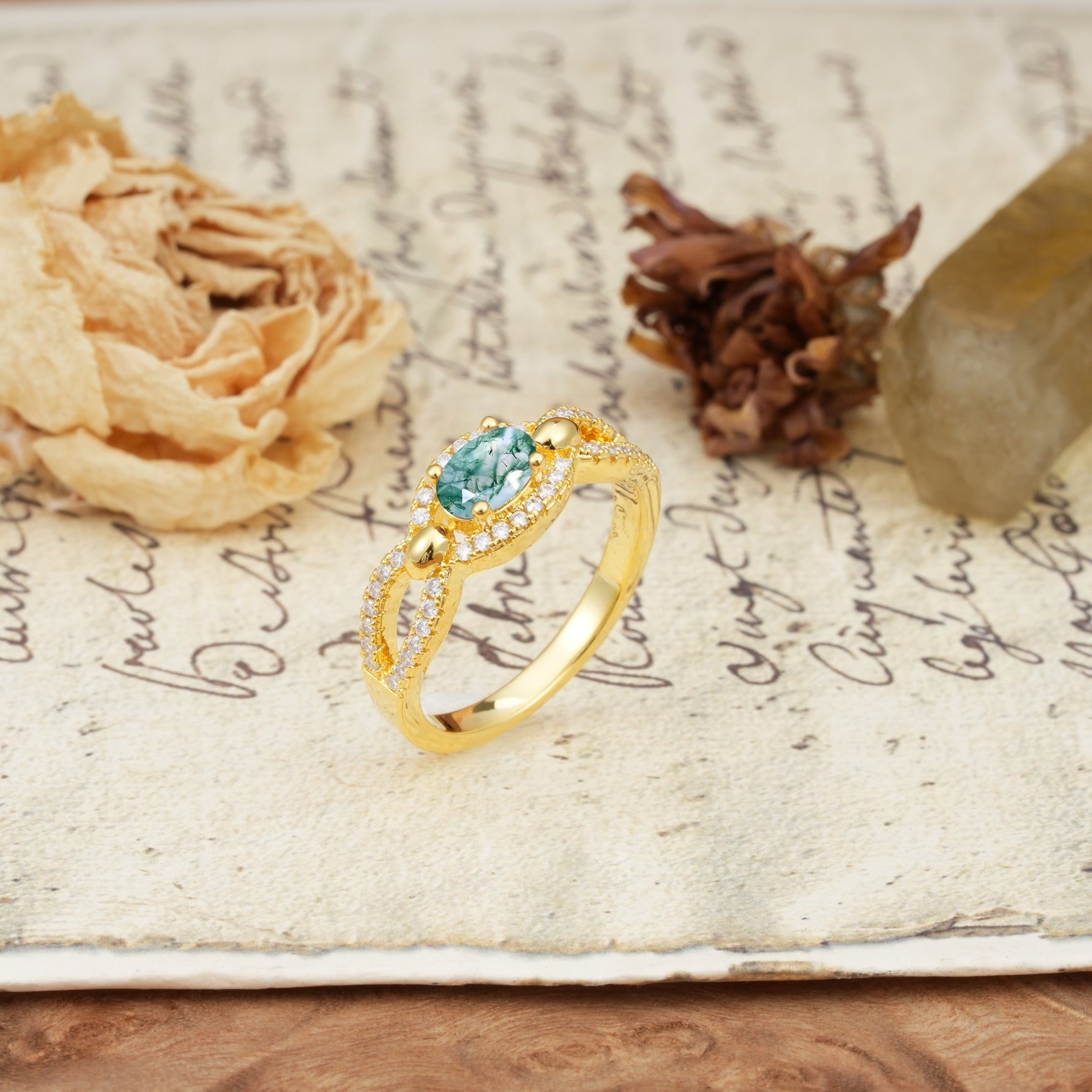 Luxurious And Unique 4 Prong Oval Cut Moss Agate Engagement Ring - Additional view