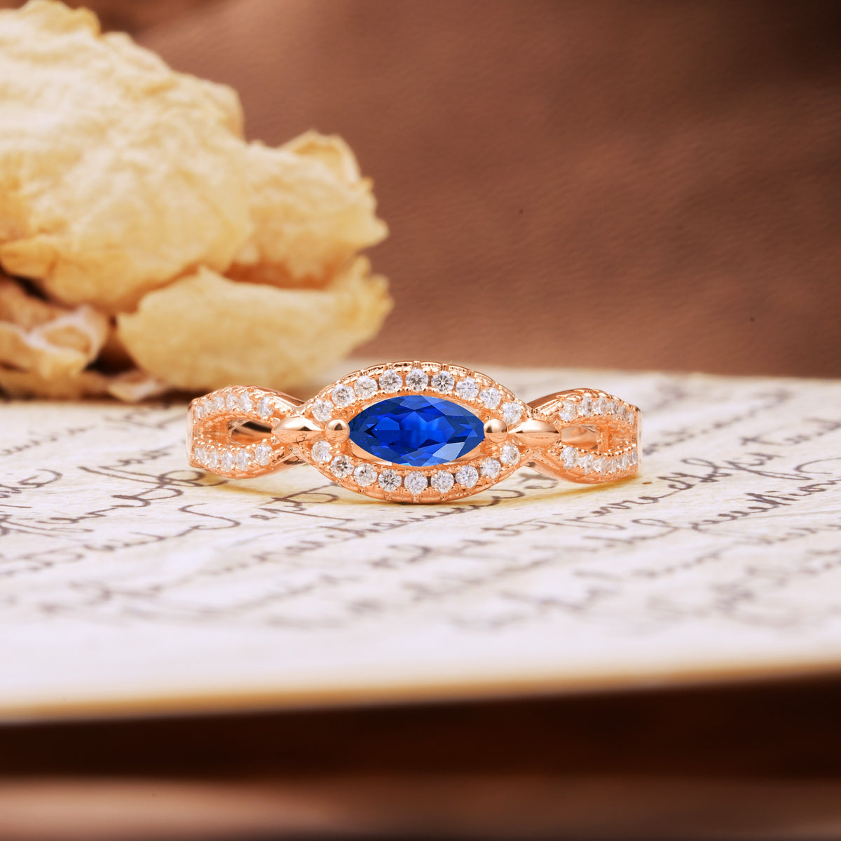 Luxurious And Unique 4 Prong Marquise Cut Sapphire Engagement Ring - Additional view