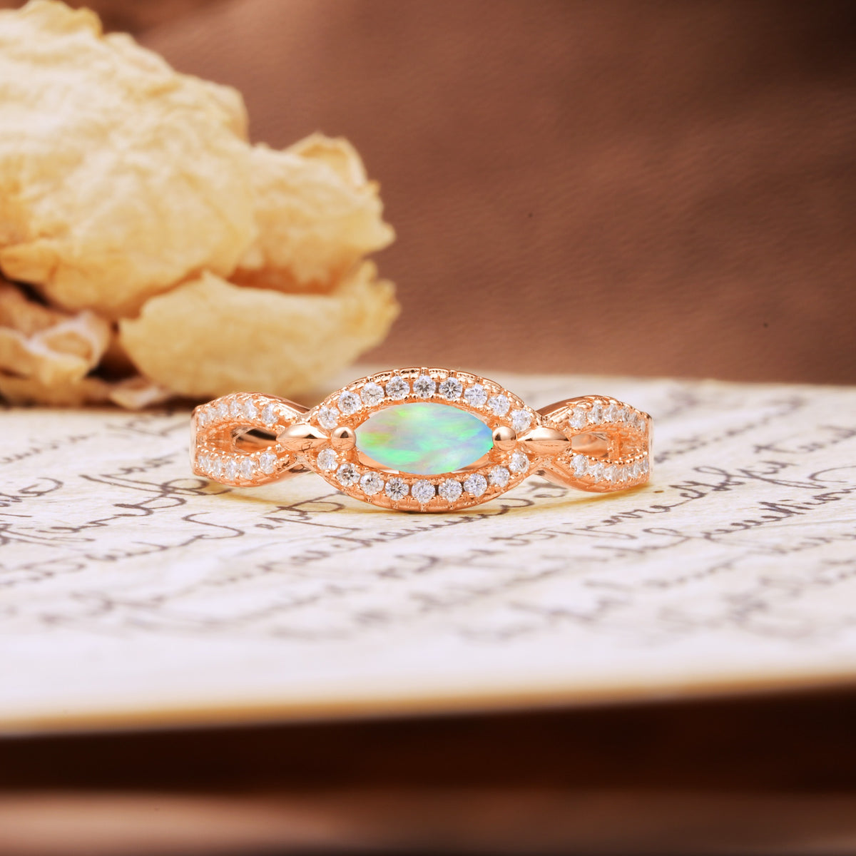 Luxurious And Unique 4 Prong Marquise Cut Fire Opal Engagement Ring - Additional view