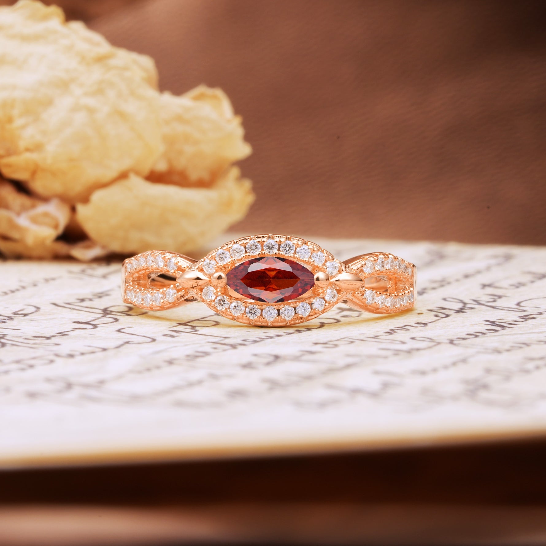 Luxurious And Unique 4 Prong Marquise Cut Garnet Engagement Ring - Additional view