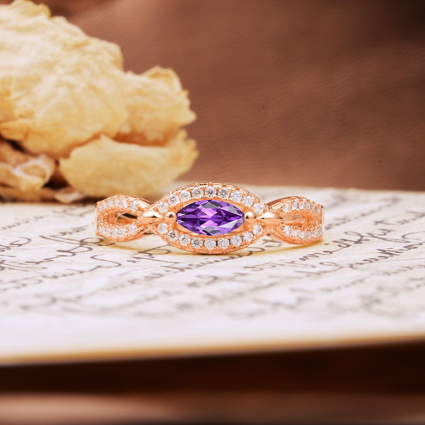 Luxurious And Unique 4 Prong Marquise Cut Amethyst Engagement Ring - Additional view