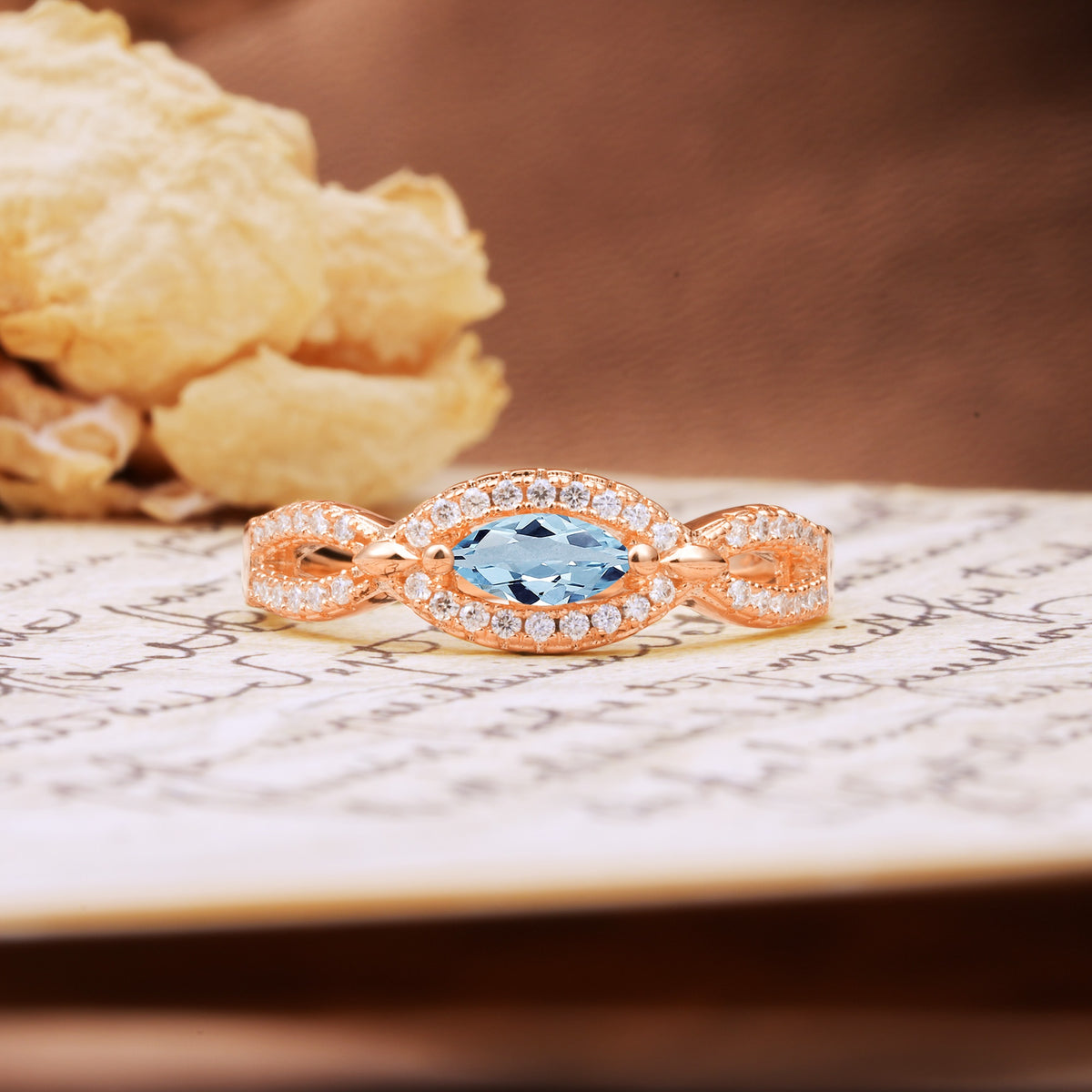 Luxurious And Unique 4 Prong Marquise Cut Aquamarine Engagement Ring - Additional view