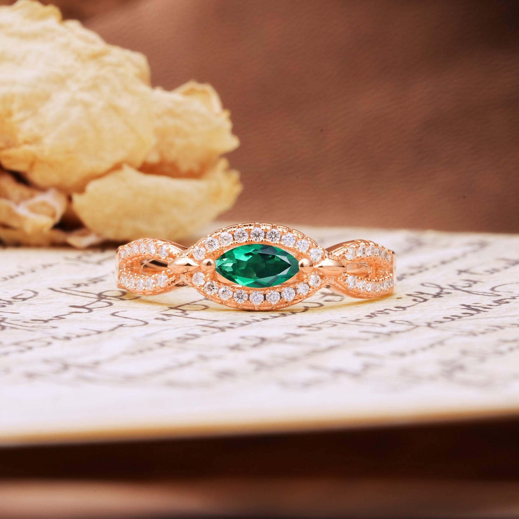 Luxurious And Unique 4 Prong Marquise Cut Emerald Engagement Ring - Additional view