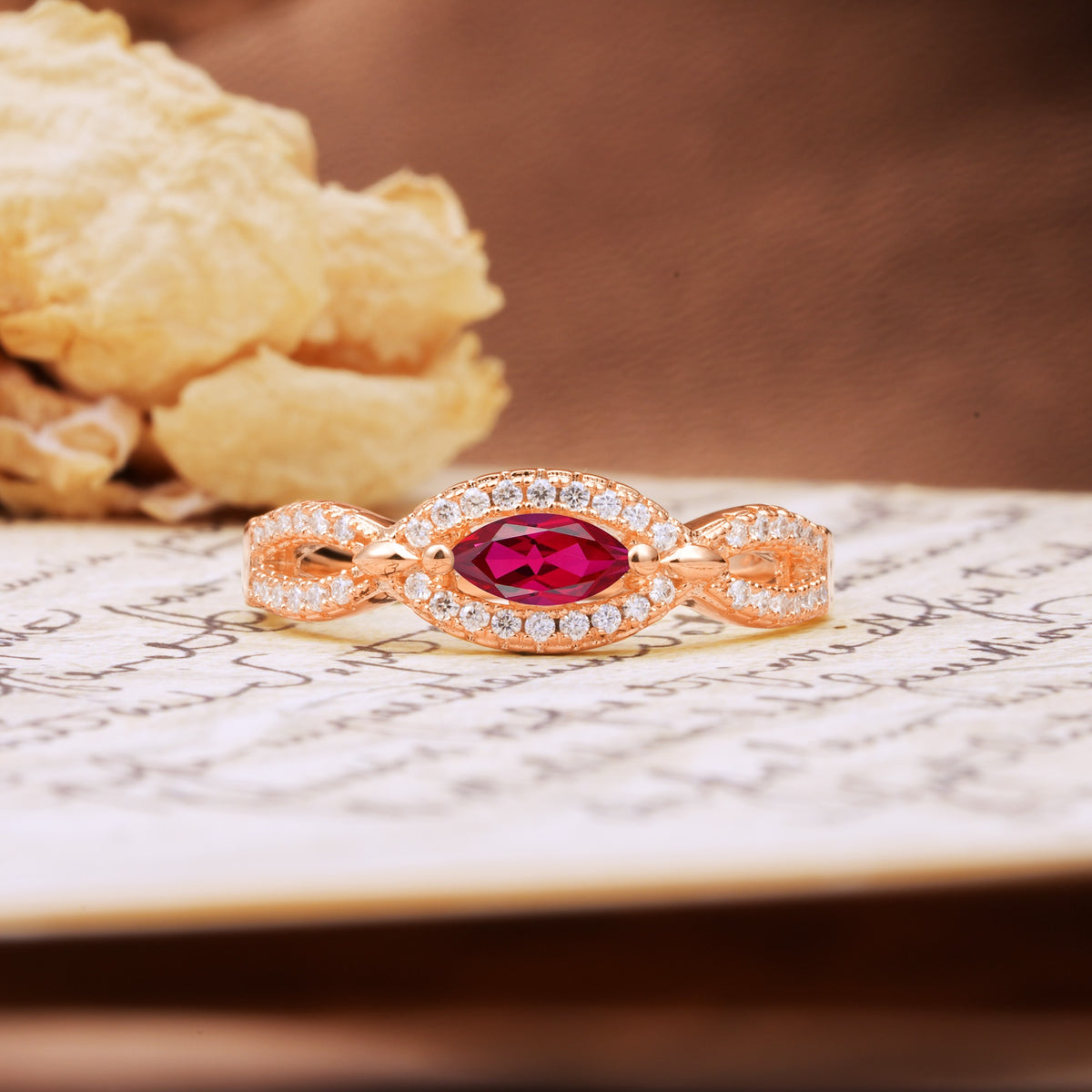 Luxurious And Unique 4 Prong Marquise Cut Ruby Engagement Ring - Additional view