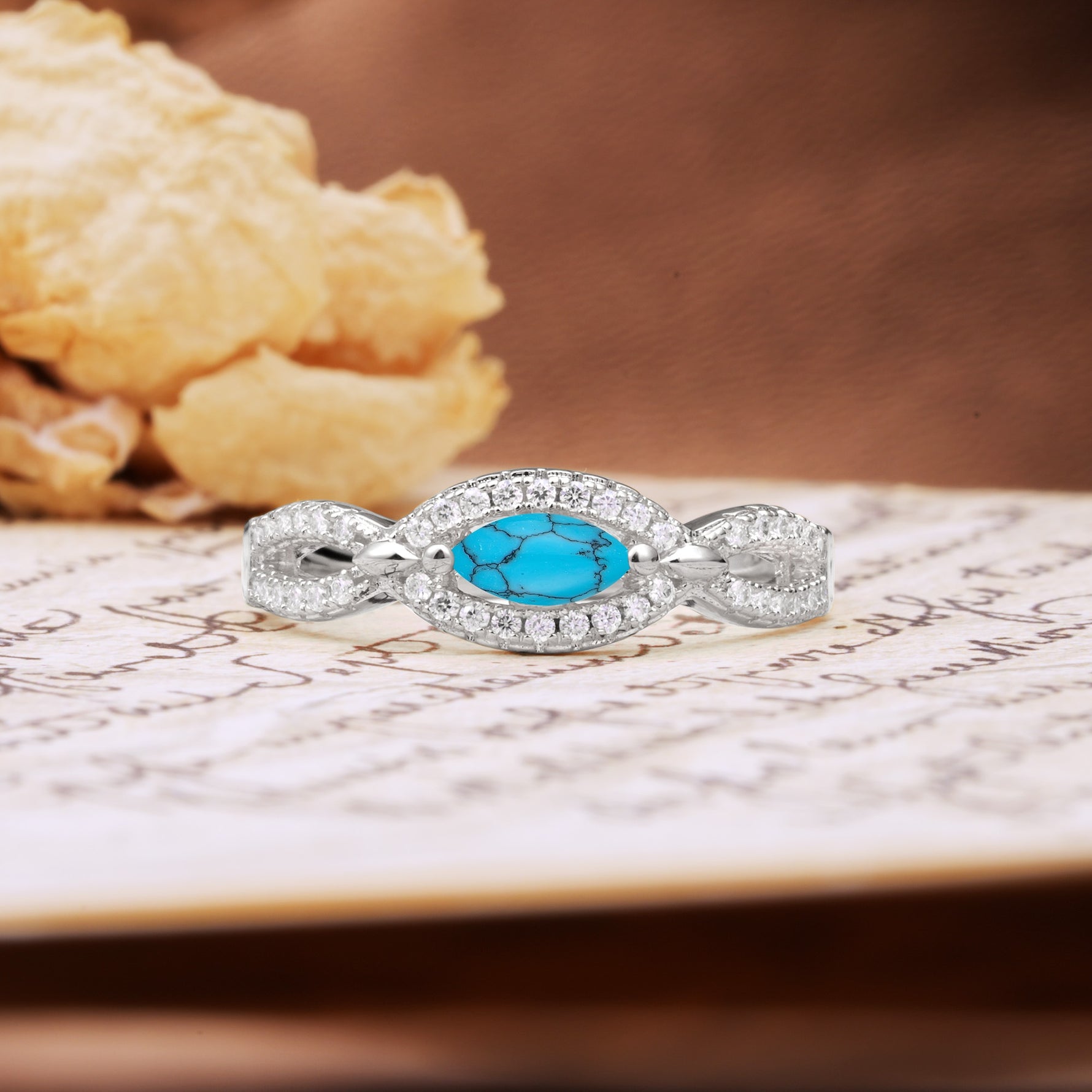Luxurious And Unique 4 Prong Marquise Cut Turquoise Engagement Ring - Additional view