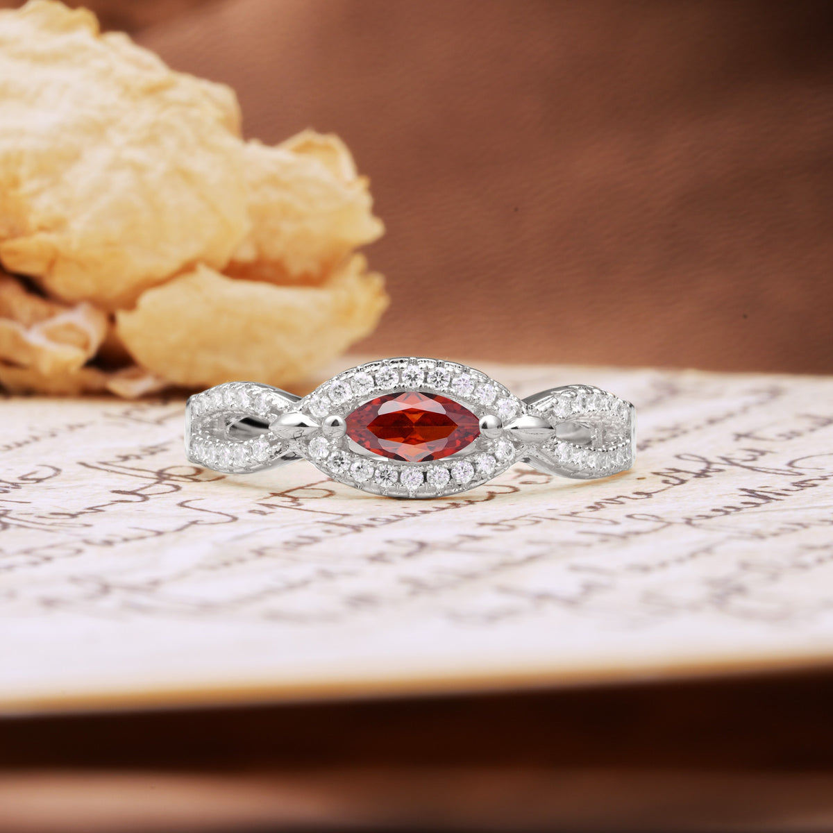 Luxurious And Unique 4 Prong Marquise Cut Garnet Engagement Ring - Additional view
