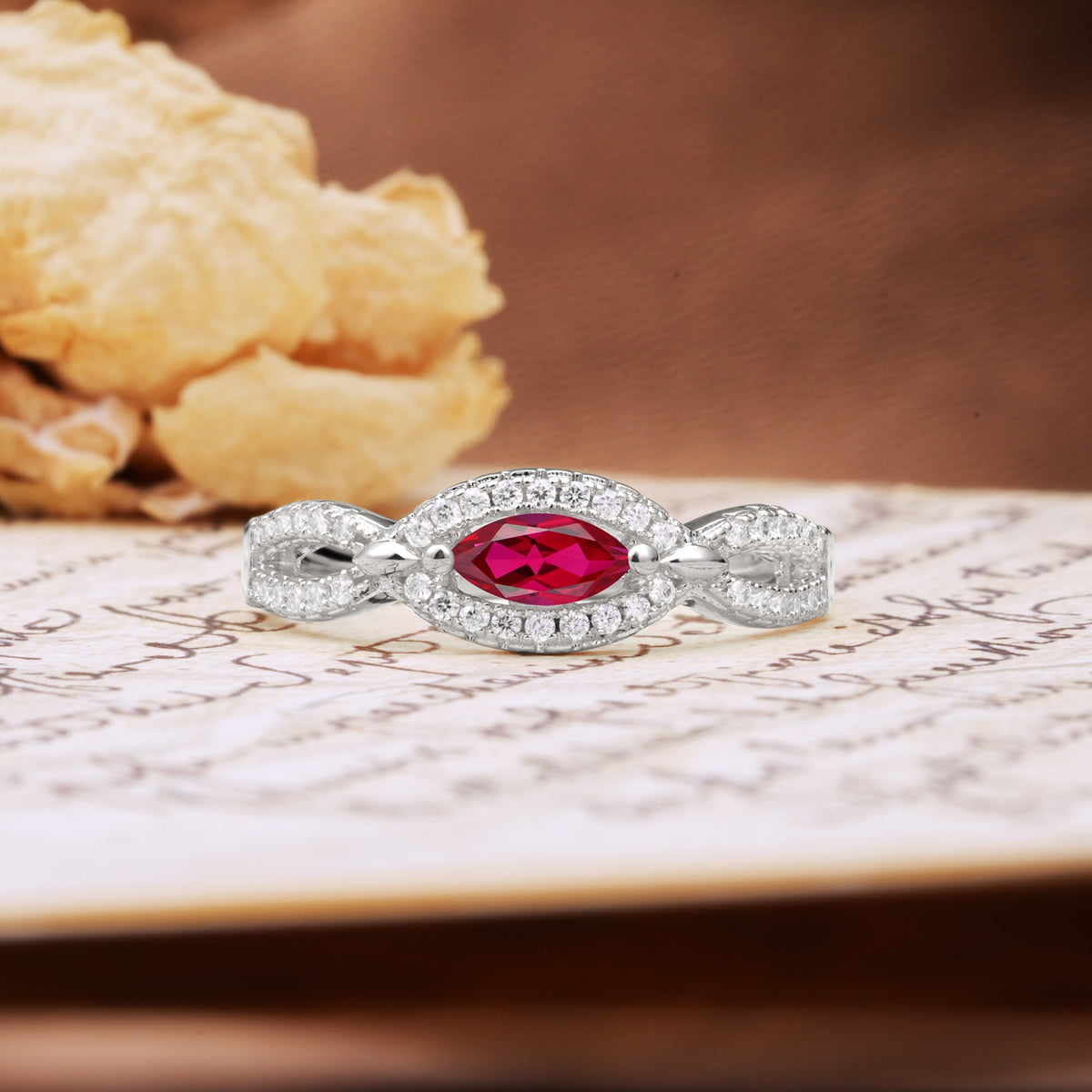 Luxurious And Unique 4 Prong Marquise Cut Ruby Engagement Ring - Additional view