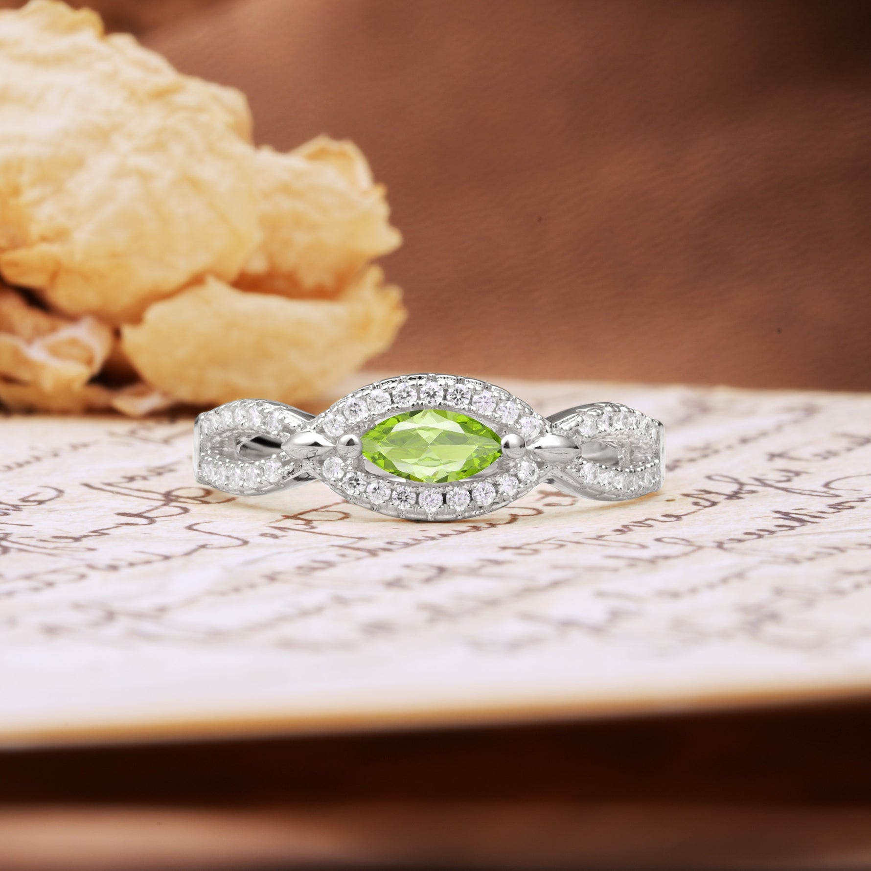 Luxurious And Unique 4 Prong Marquise Cut Peridot Engagement Ring - Additional view
