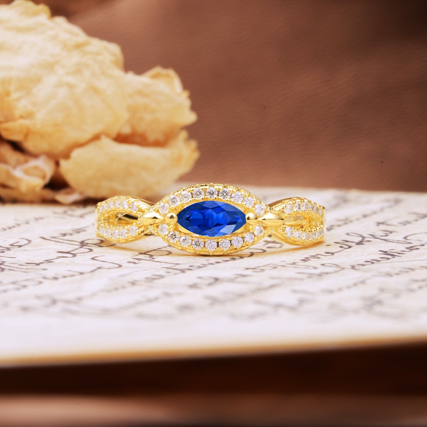 Luxurious And Unique 4 Prong Marquise Cut Sapphire Engagement Ring - Additional view