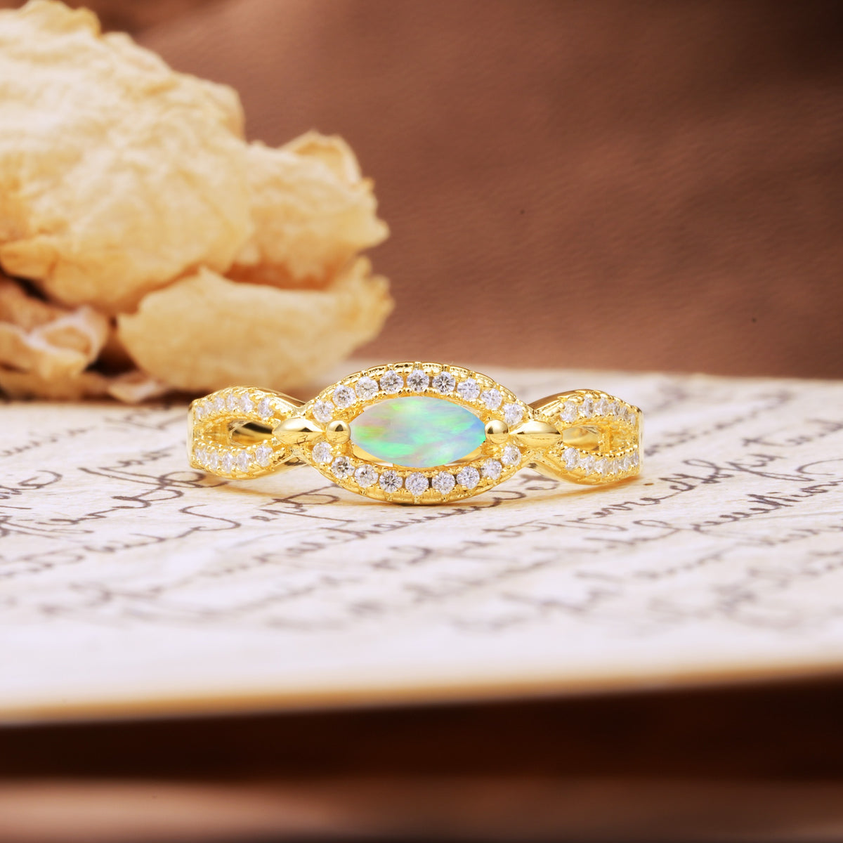 Luxurious And Unique 4 Prong Marquise Cut Fire Opal Engagement Ring - Additional view