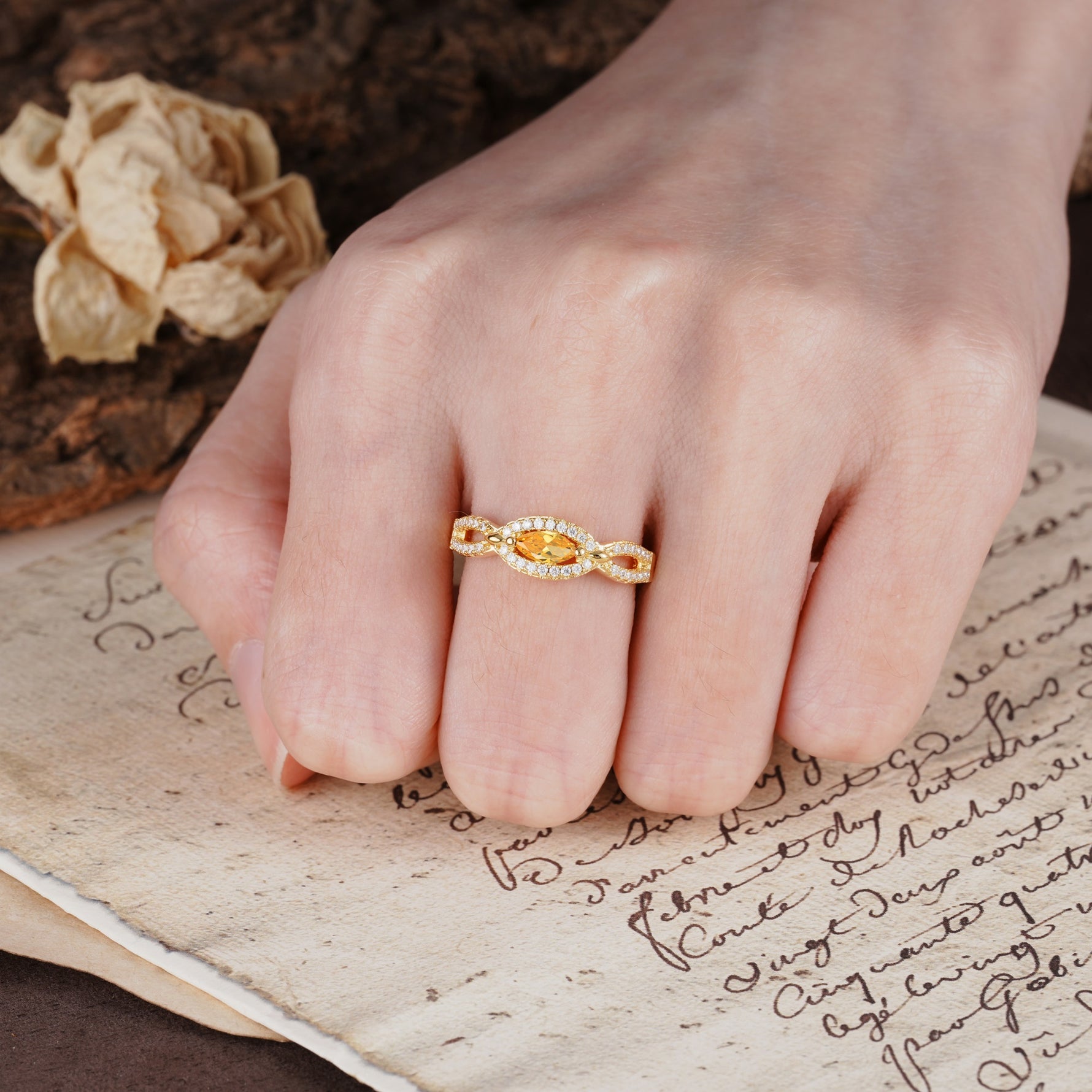 Luxurious And Unique 4 Prong Marquise Cut Citrine Engagement Ring - Additional view