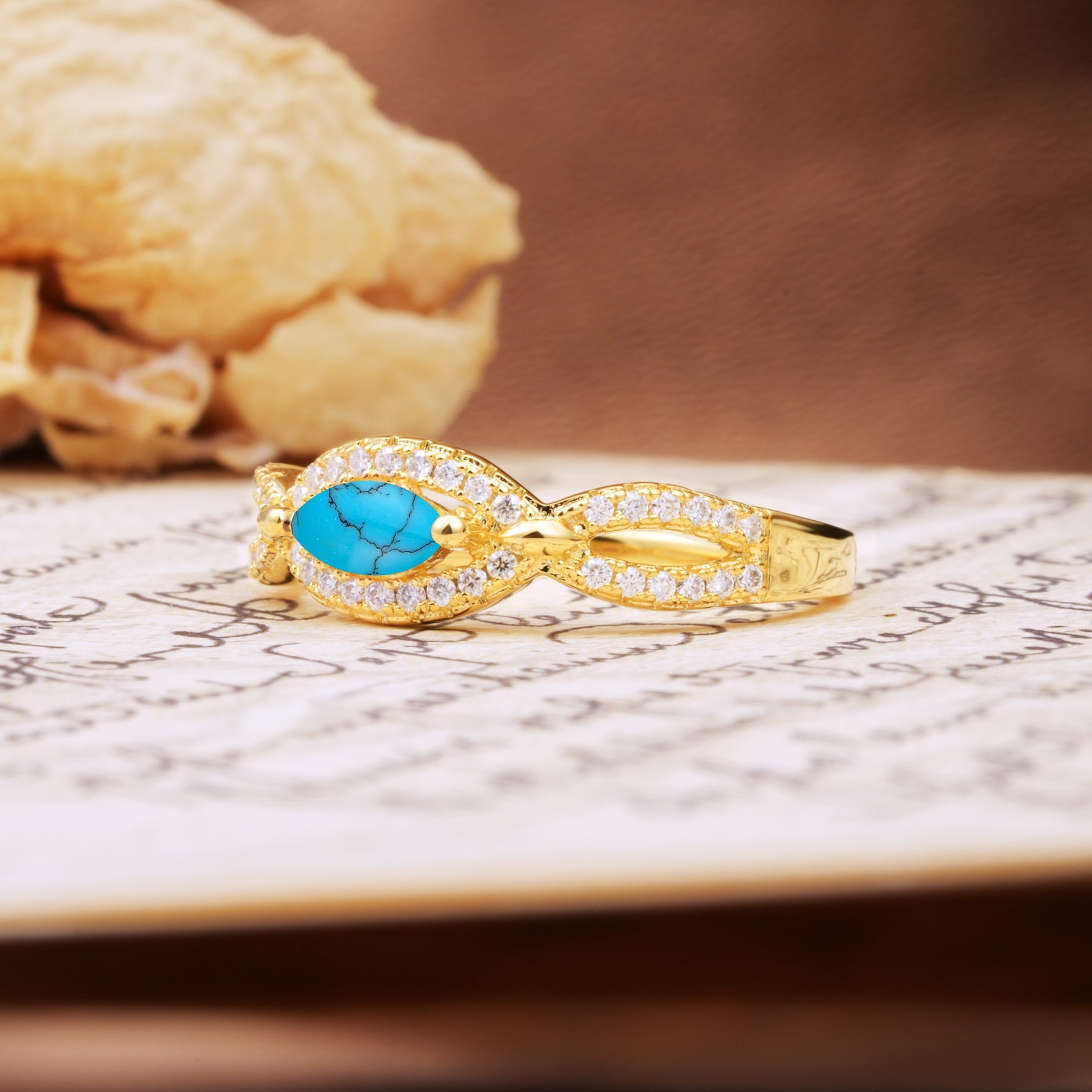 Luxurious And Unique 4 Prong Marquise Cut Turquoise Engagement Ring - Additional view