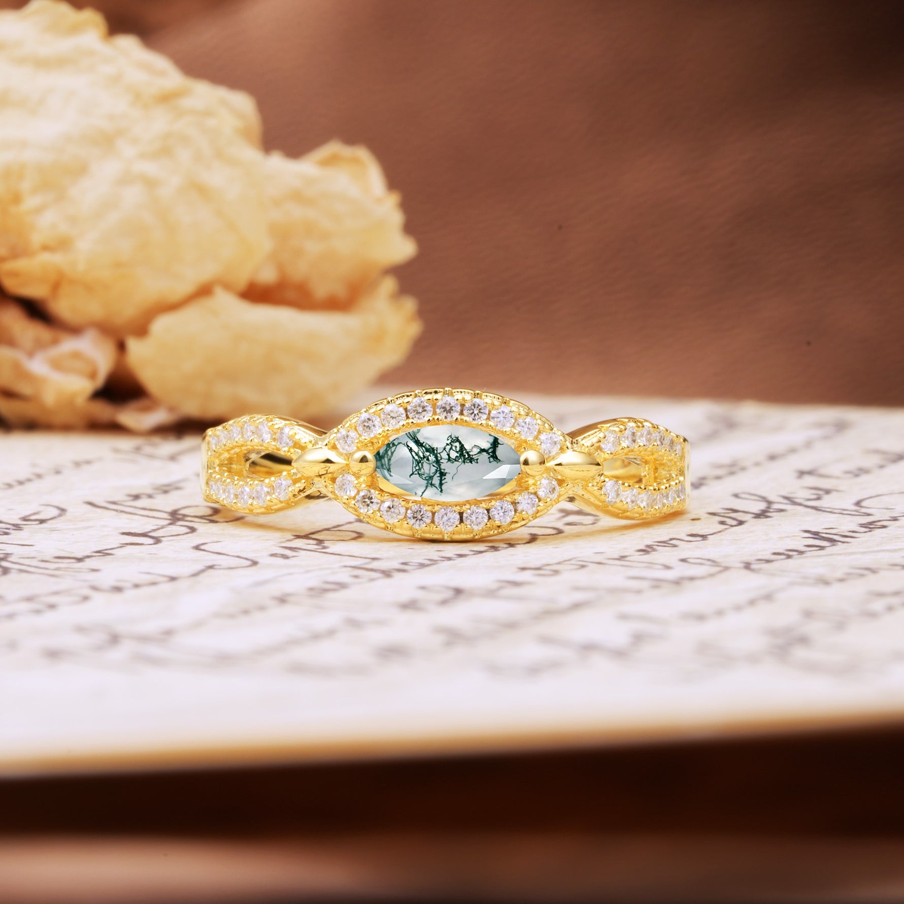 Luxurious And Unique 4 Prong Marquise Cut Moss Agate Engagement Ring - Additional view