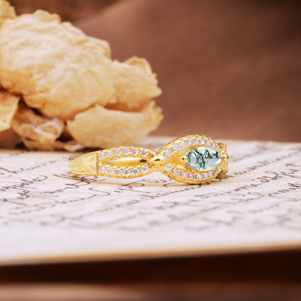 Luxurious And Unique 4 Prong Marquise Cut Moss Agate Engagement Ring - Additional view