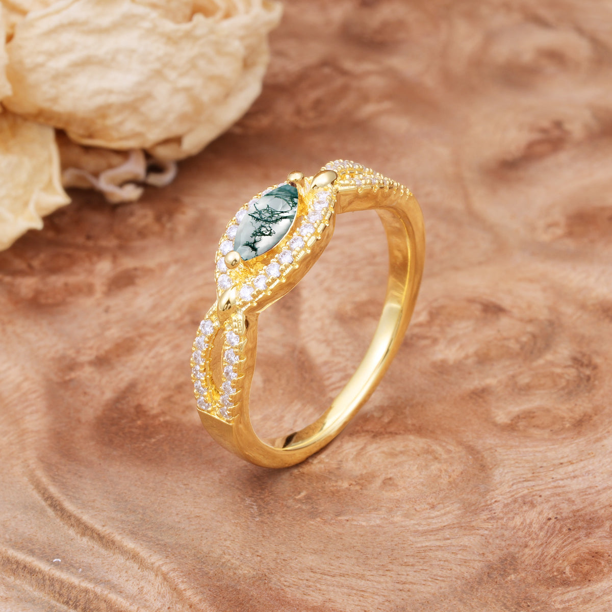 Luxurious And Unique 4 Prong Marquise Cut Moss Agate Engagement Ring - Additional view