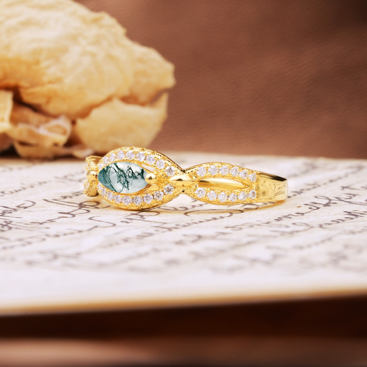 Luxurious And Unique 4 Prong Marquise Cut Moss Agate Engagement Ring - Additional view