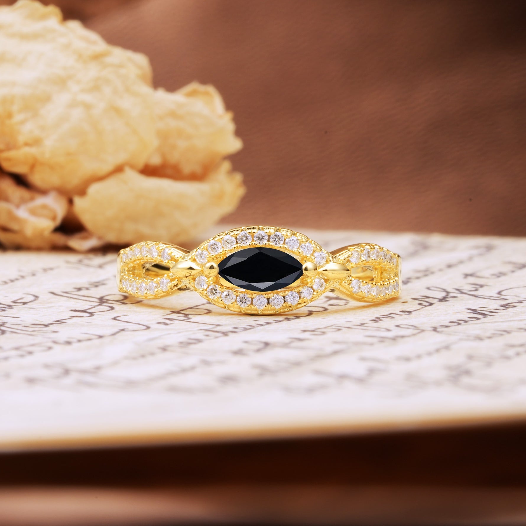 Luxurious And Unique 4 Prong Marquise Cut Black Onyx Engagement Ring - Additional view