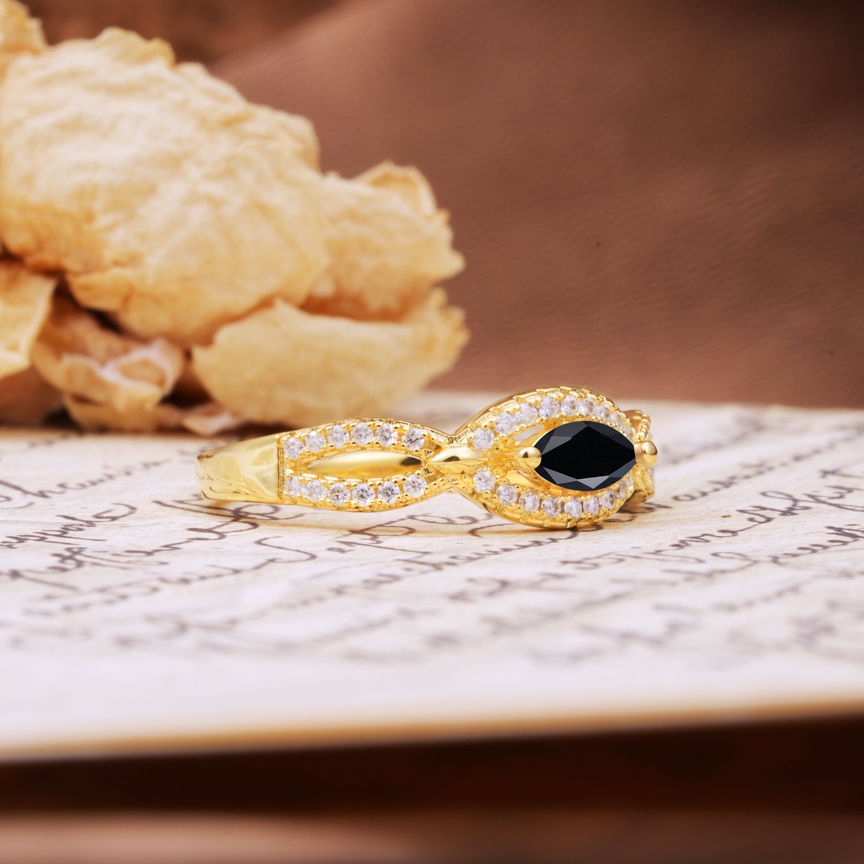 Luxurious And Unique 4 Prong Marquise Cut Black Onyx Engagement Ring - Additional view