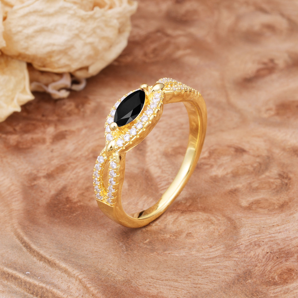 Luxurious And Unique 4 Prong Marquise Cut Black Onyx Engagement Ring - Additional view