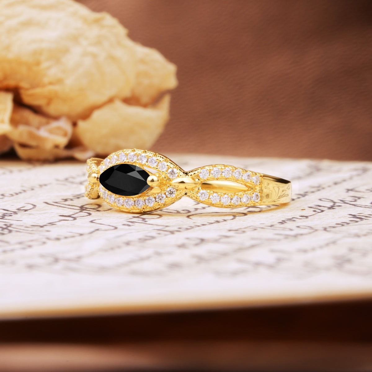 Luxurious And Unique 4 Prong Marquise Cut Black Onyx Engagement Ring - Additional view