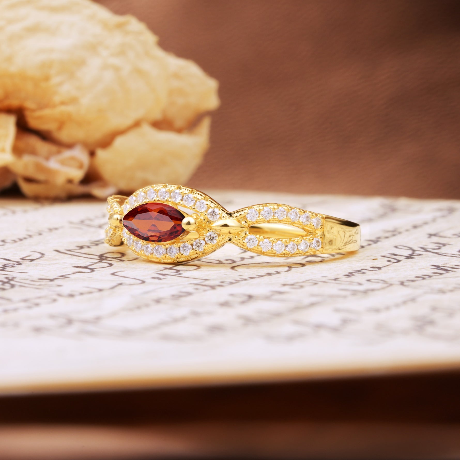 Luxurious And Unique 4 Prong Marquise Cut Garnet Engagement Ring - Additional view