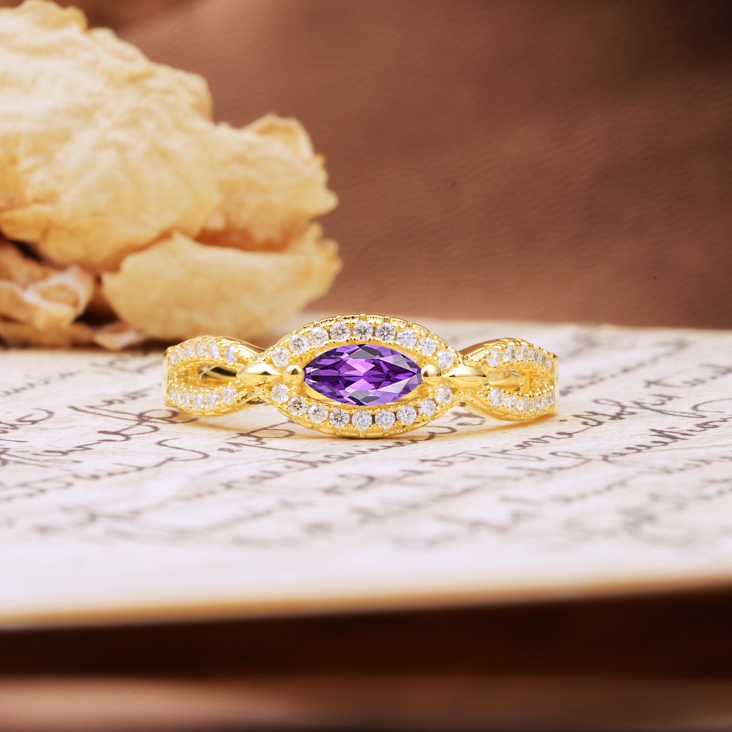 Luxurious And Unique 4 Prong Marquise Cut Amethyst Engagement Ring - Additional view