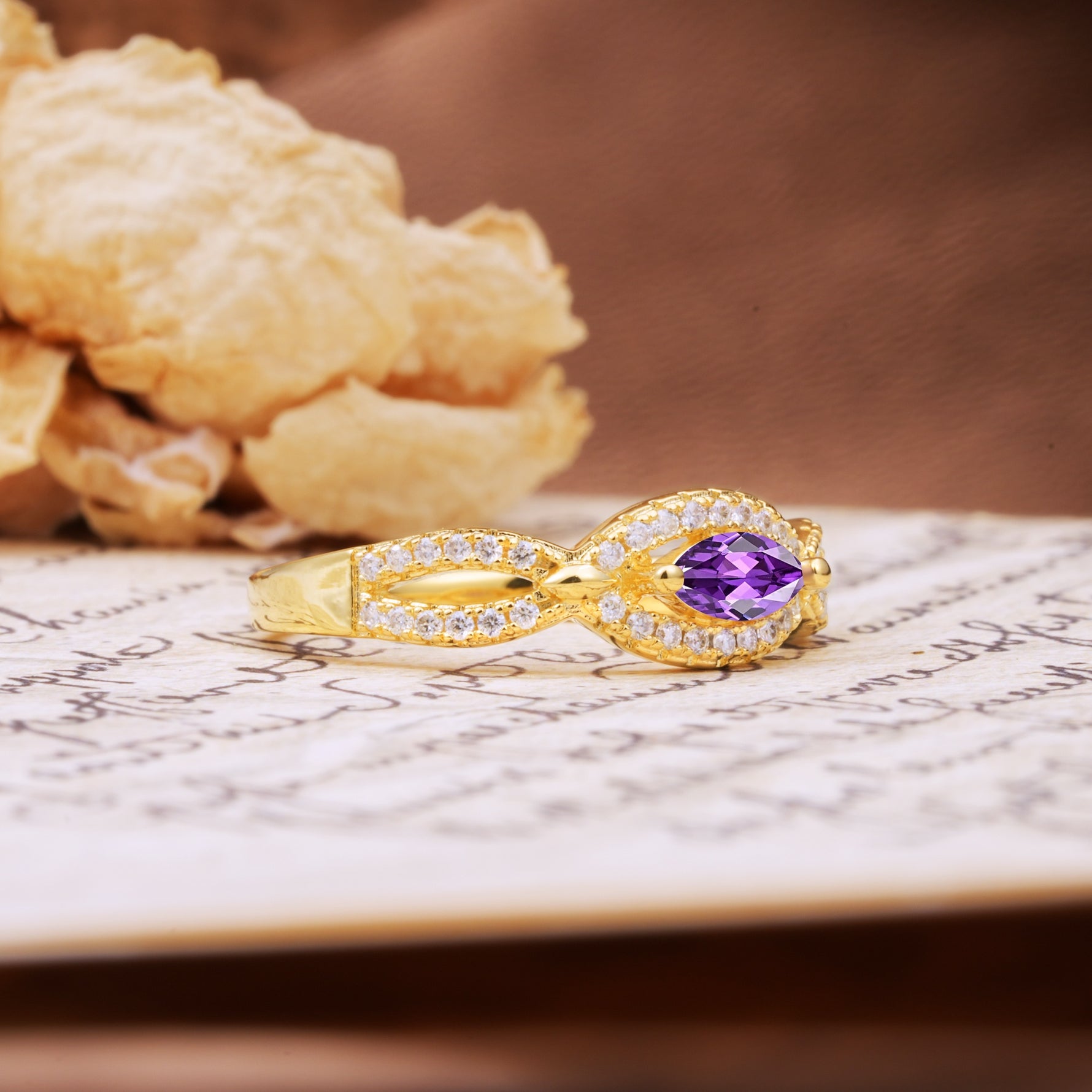Luxurious And Unique 4 Prong Marquise Cut Amethyst Engagement Ring - Additional view