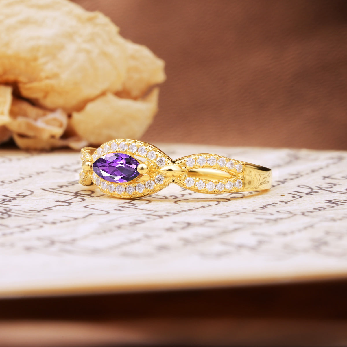 Luxurious And Unique 4 Prong Marquise Cut Amethyst Engagement Ring - Additional view