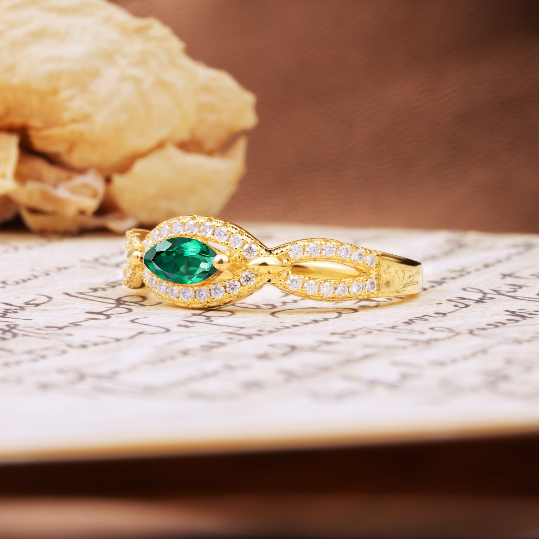 Luxurious And Unique 4 Prong Marquise Cut Emerald Engagement Ring - Additional view