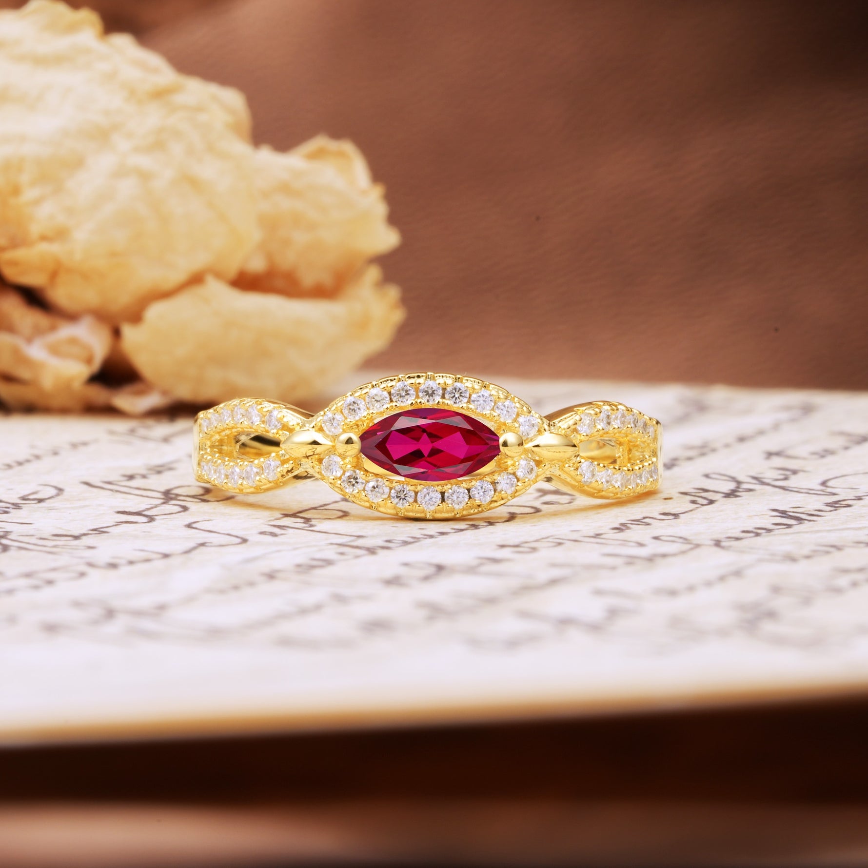 Luxurious And Unique 4 Prong Marquise Cut Ruby Engagement Ring - Additional view