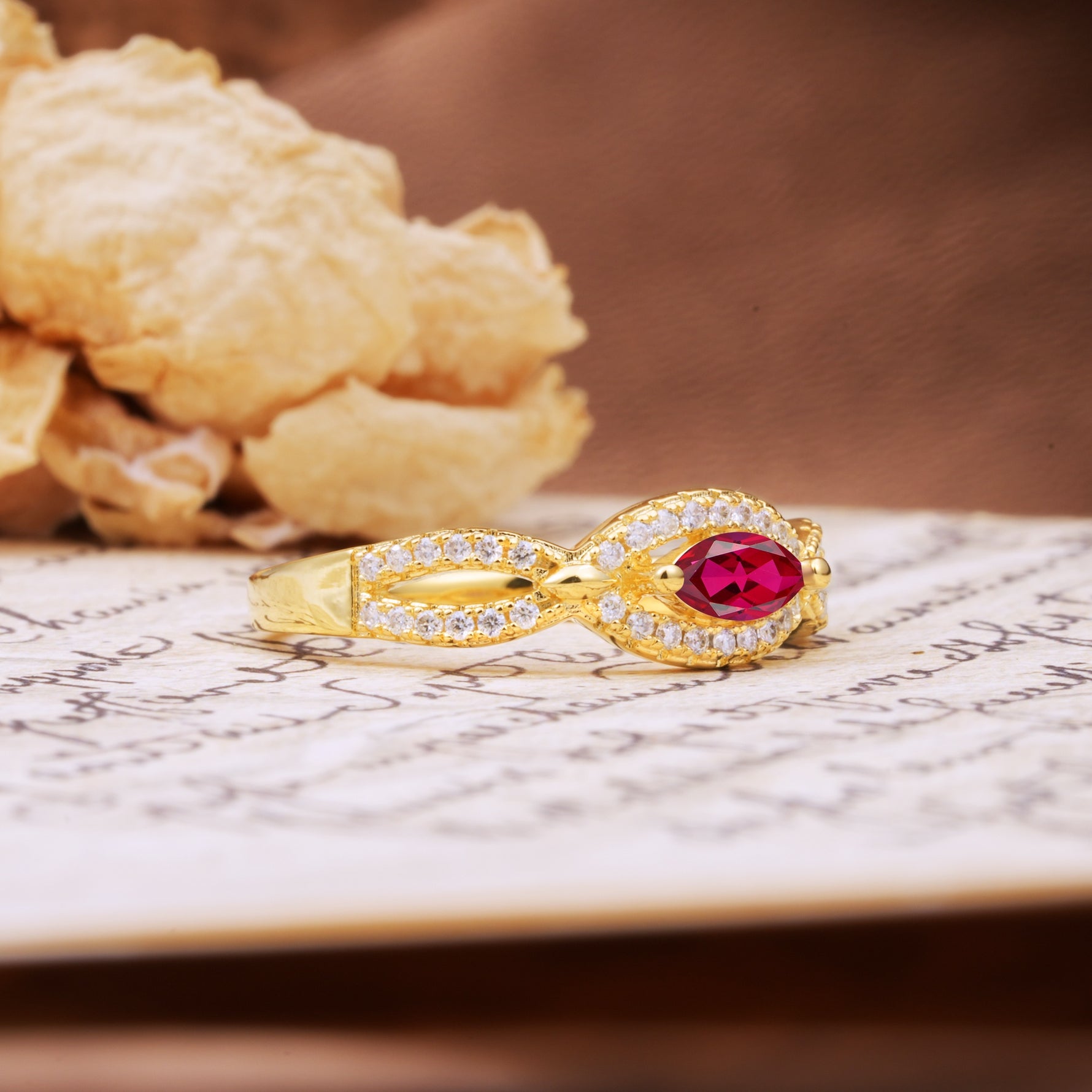 Luxurious And Unique 4 Prong Marquise Cut Ruby Engagement Ring - Additional view