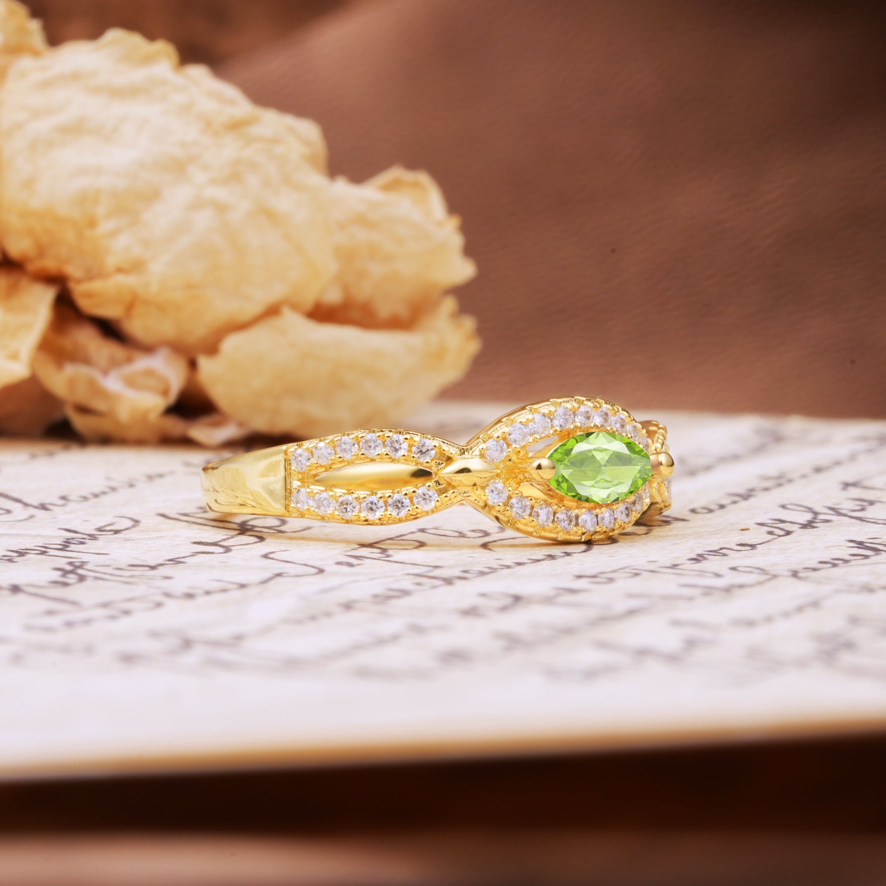 Luxurious And Unique 4 Prong Marquise Cut Peridot Engagement Ring - Additional view