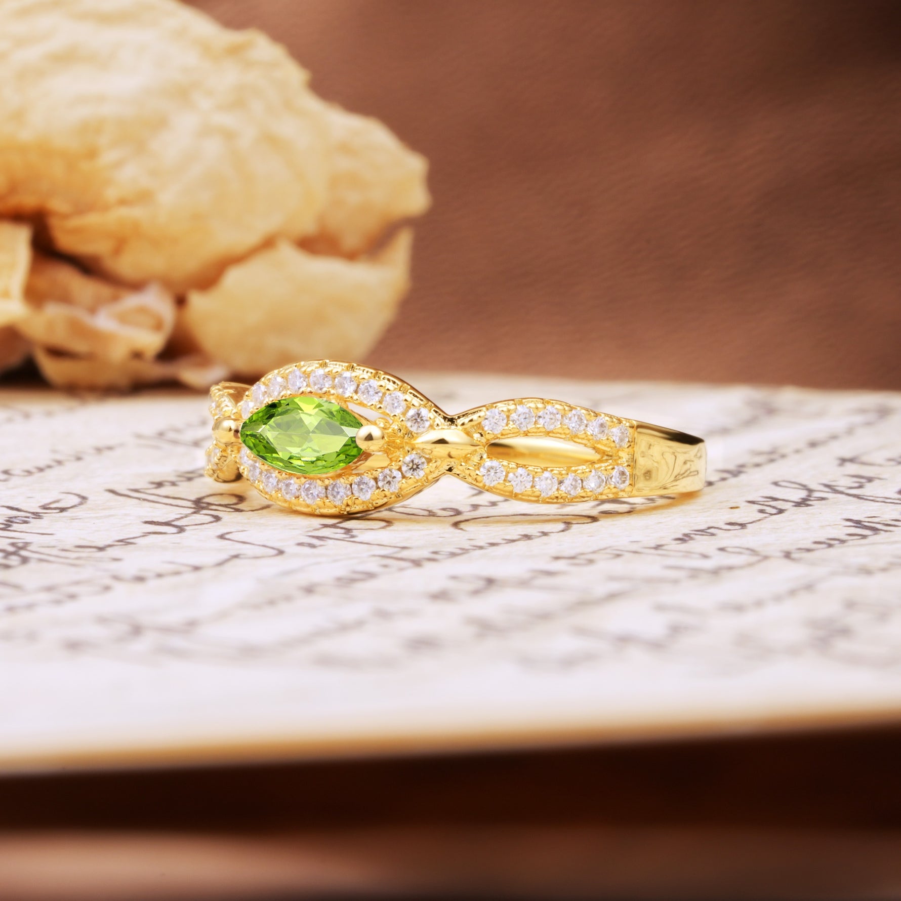 Luxurious And Unique 4 Prong Marquise Cut Peridot Engagement Ring - Additional view