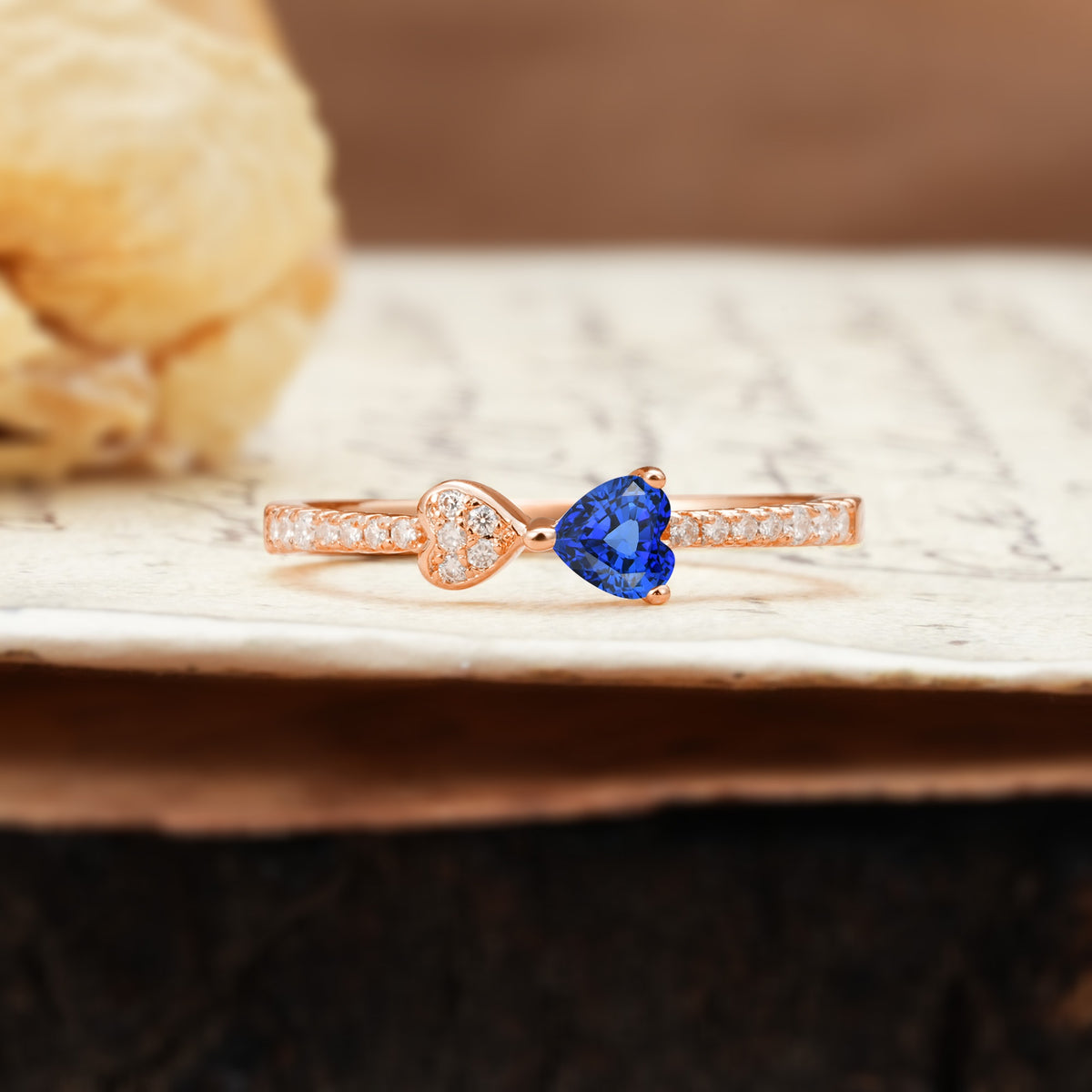 Unique Double-Heart 3-Prong Heart Cut Sapphire Engagement Ring - Additional view