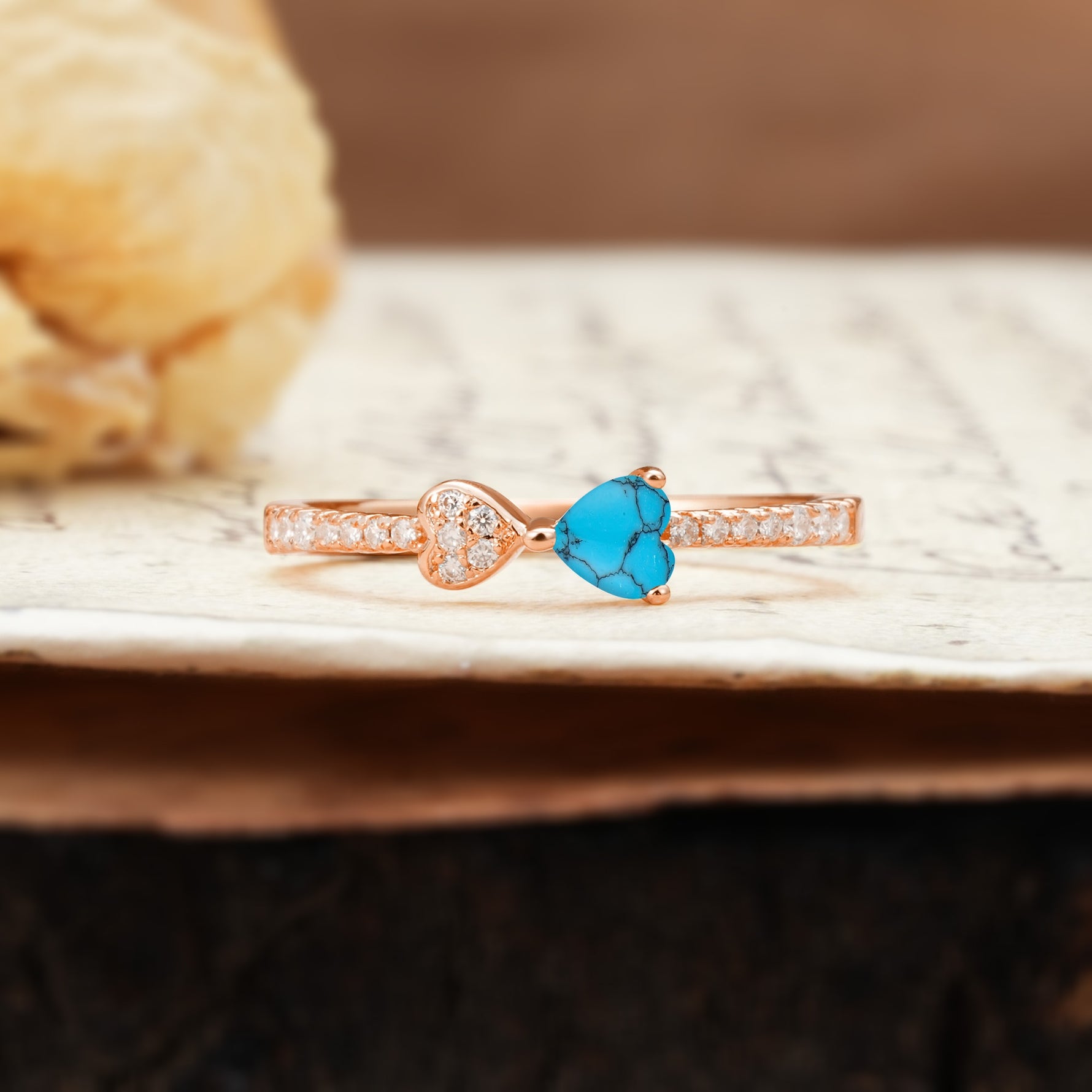 Unique Double-Heart 3-Prong Heart Cut Turquoise Engagement Ring - Additional view