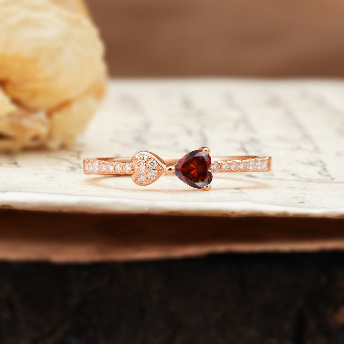 Unique Double-Heart 3-Prong Heart Cut Garnet Engagement Ring - Additional view