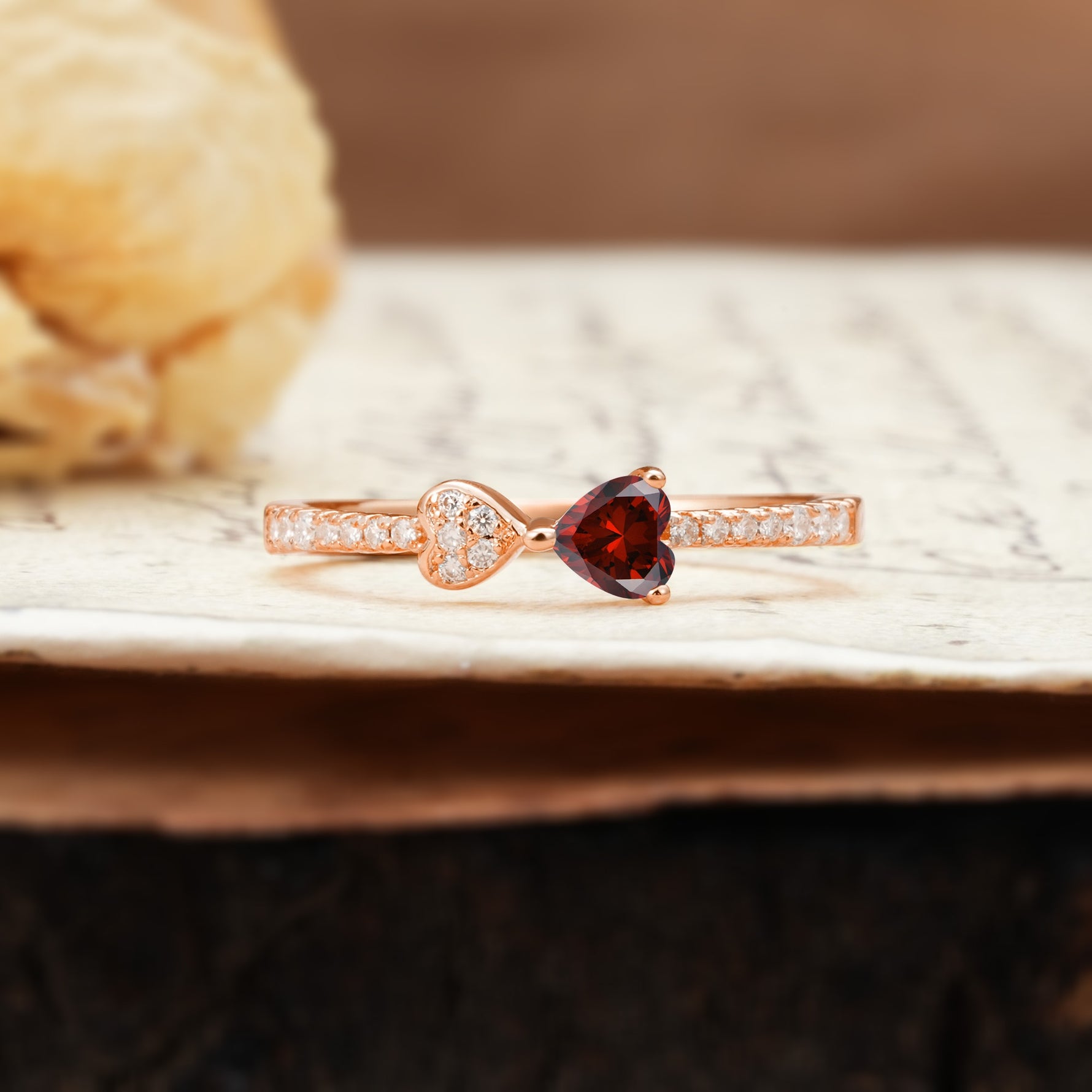 Unique Double-Heart 3-Prong Heart Cut Garnet Engagement Ring - Additional view