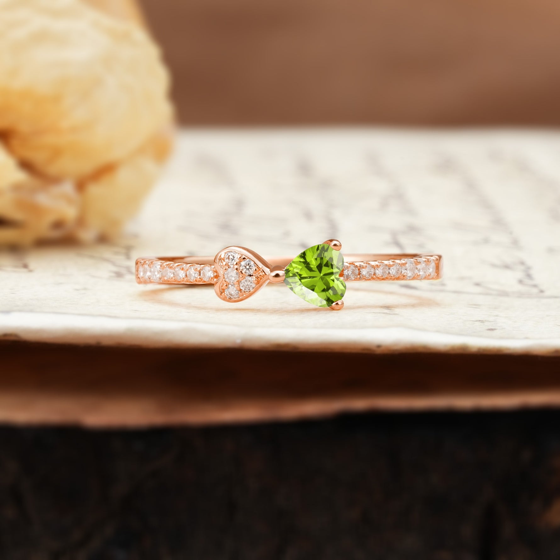 Unique Double-Heart 3-Prong Heart Cut Peridot Engagement Ring - Additional view