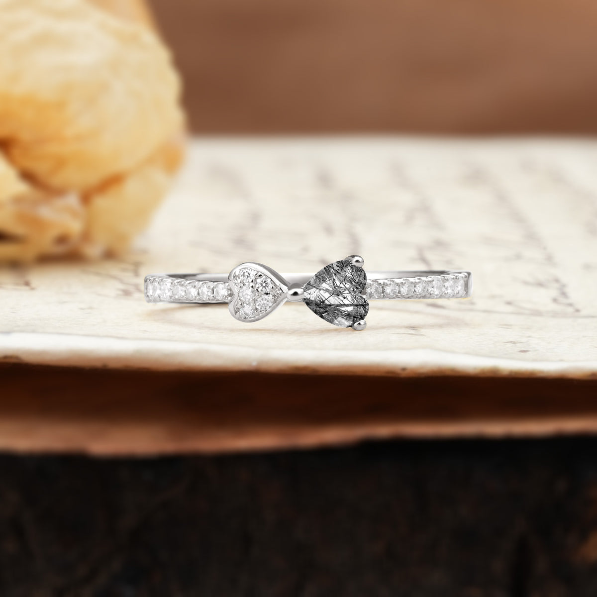 Unique Double-Heart 3-Prong Heart Cut Black Rutilated Quartz Engagement Ring - Additional view