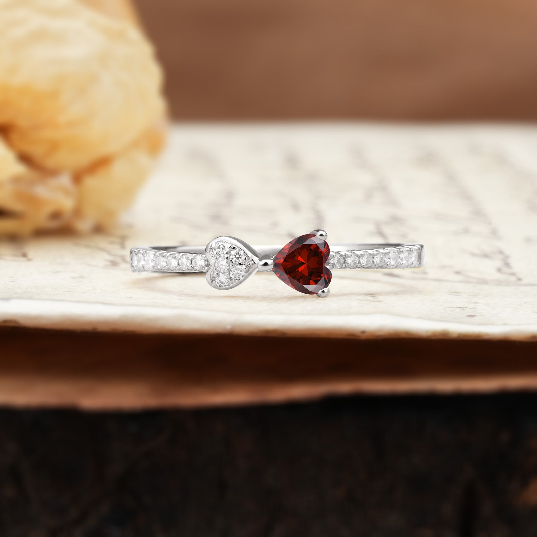 Unique Double-Heart 3-Prong Heart Cut Garnet Engagement Ring - Additional view