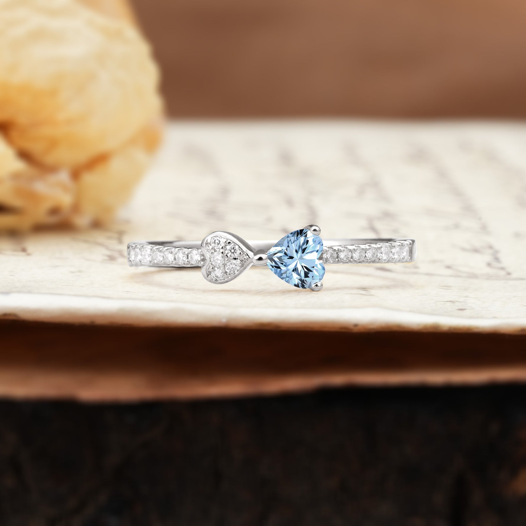 Unique Double-Heart 3-Prong Heart Cut Aquamarine Engagement Ring - Additional view