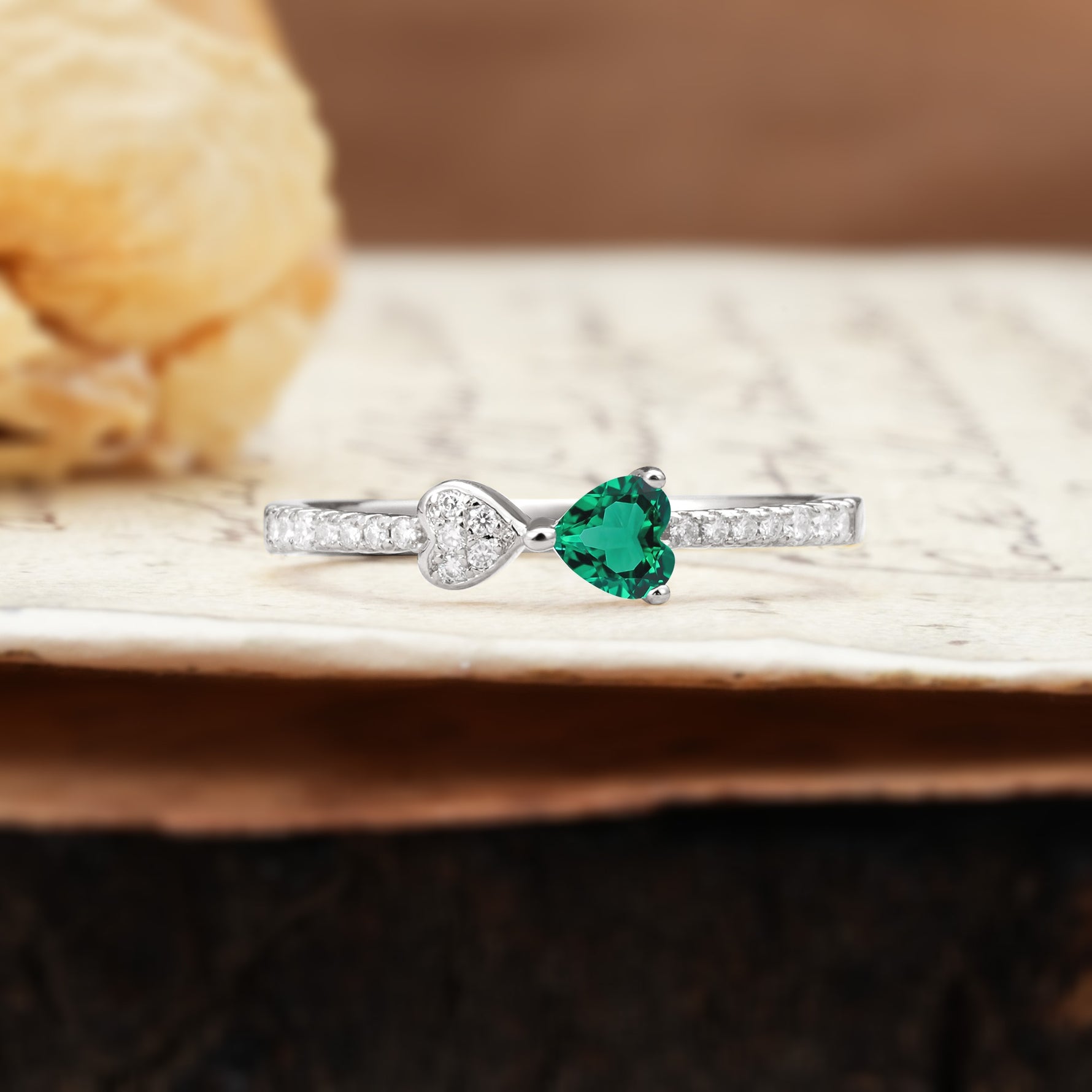 Unique Double-Heart 3-Prong Heart Cut Emerald Engagement Ring - Additional view