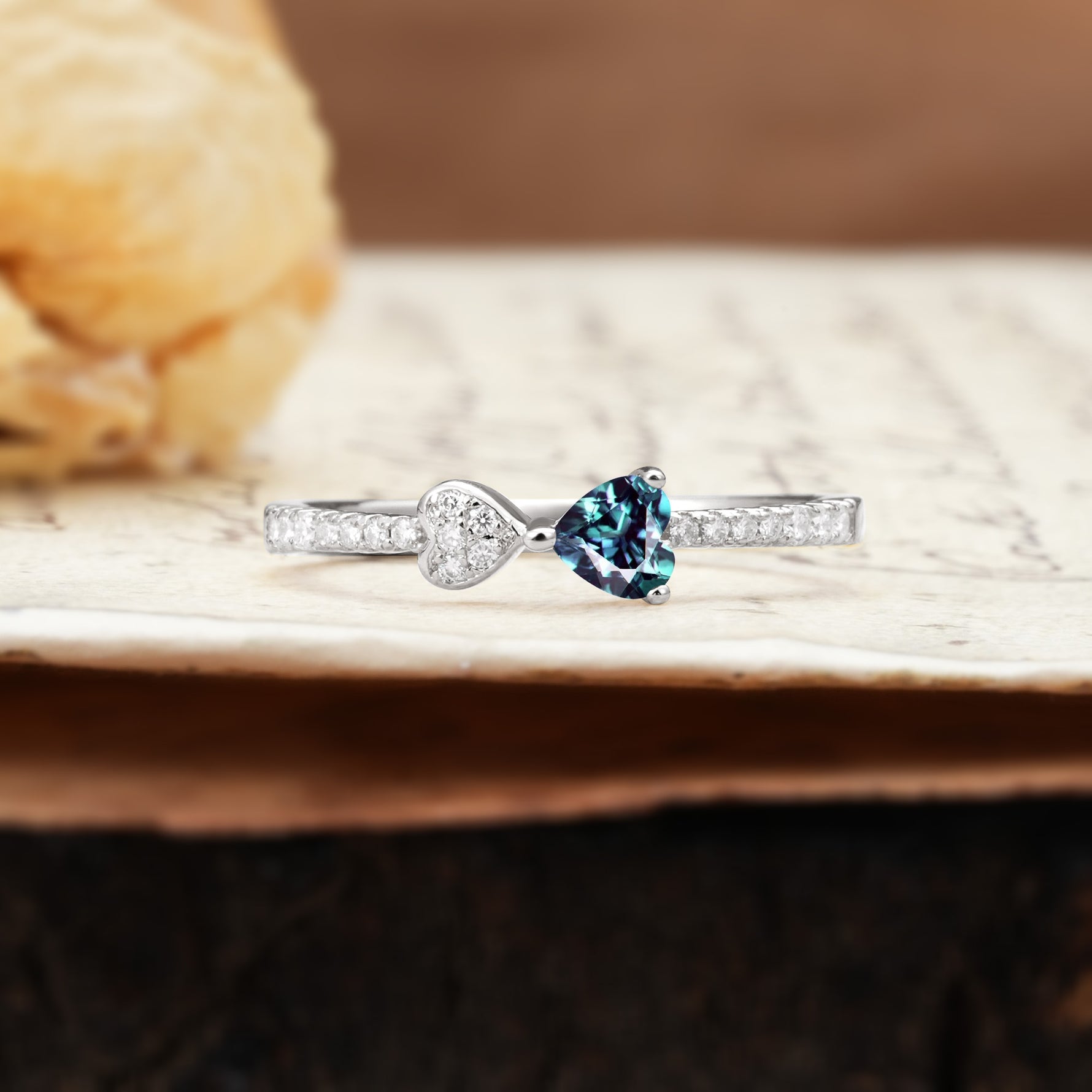 Unique Double-Heart 3-Prong Heart Cut Alexandrite Engagement Ring - Additional view