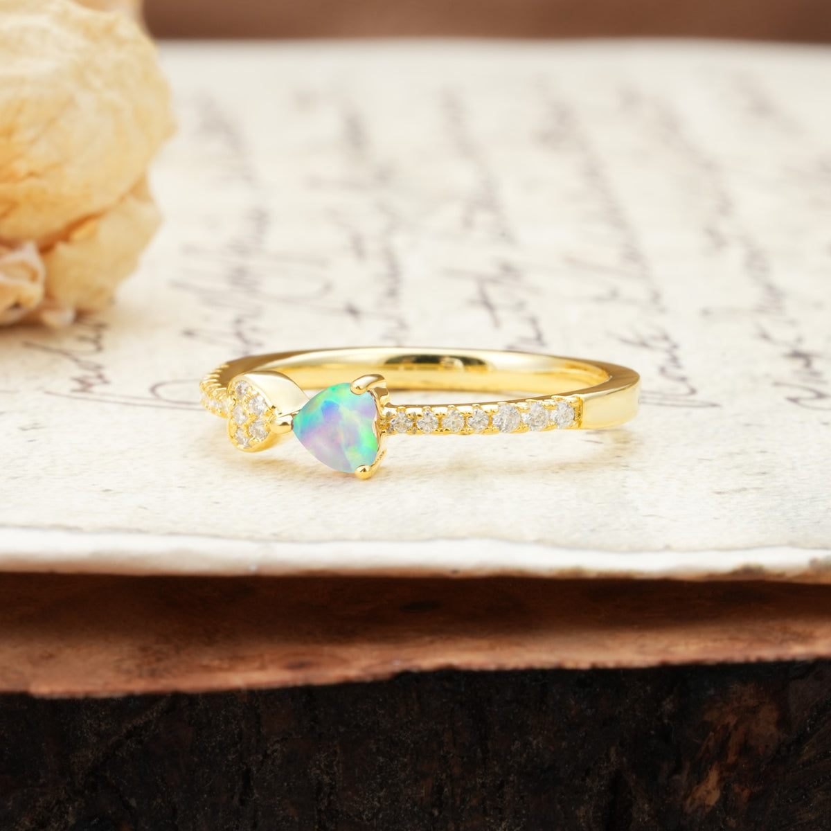 Unique Double-Heart 3-Prong Heart Cut Fire Opal Engagement Ring - Additional view