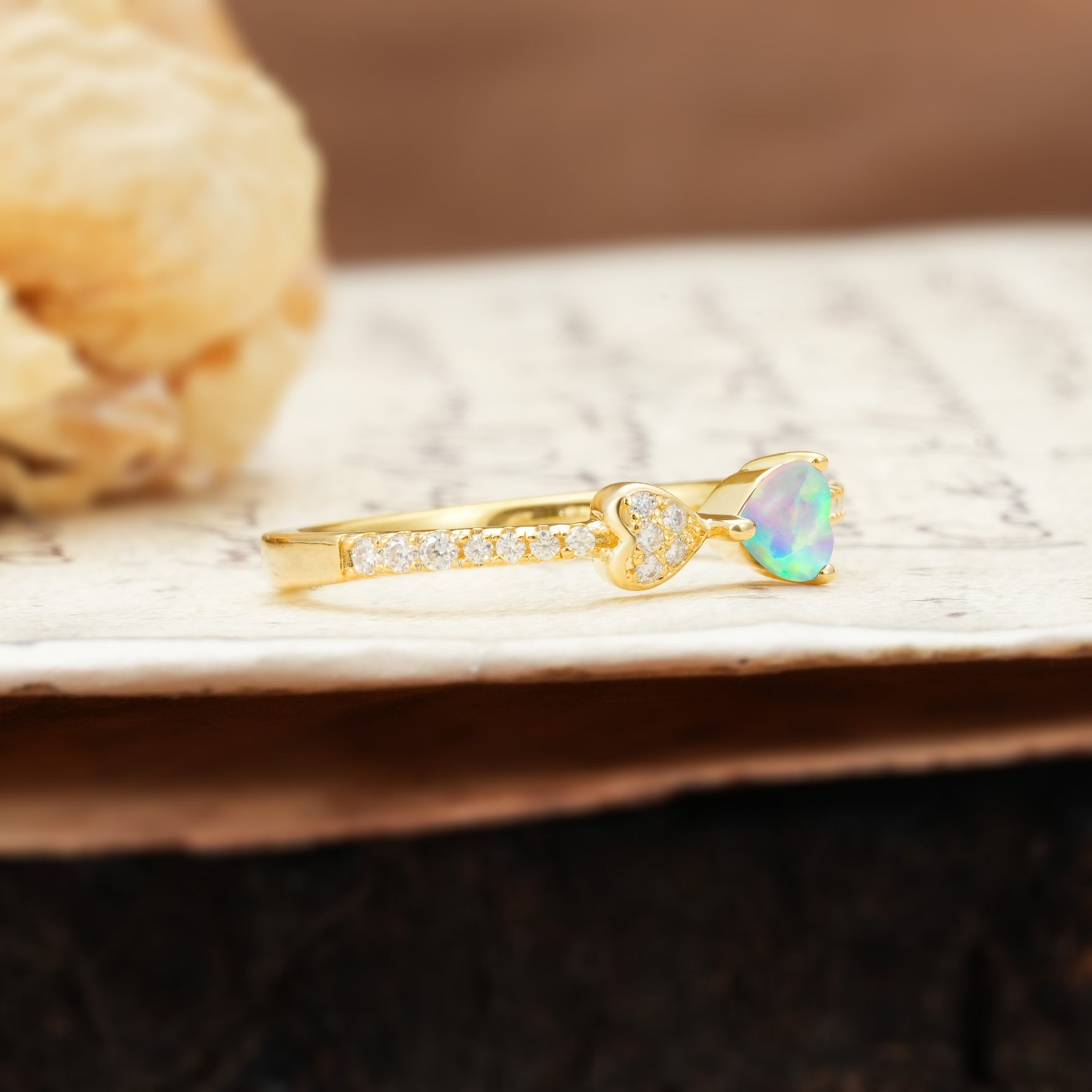 Unique Double-Heart 3-Prong Heart Cut Fire Opal Engagement Ring - Additional view