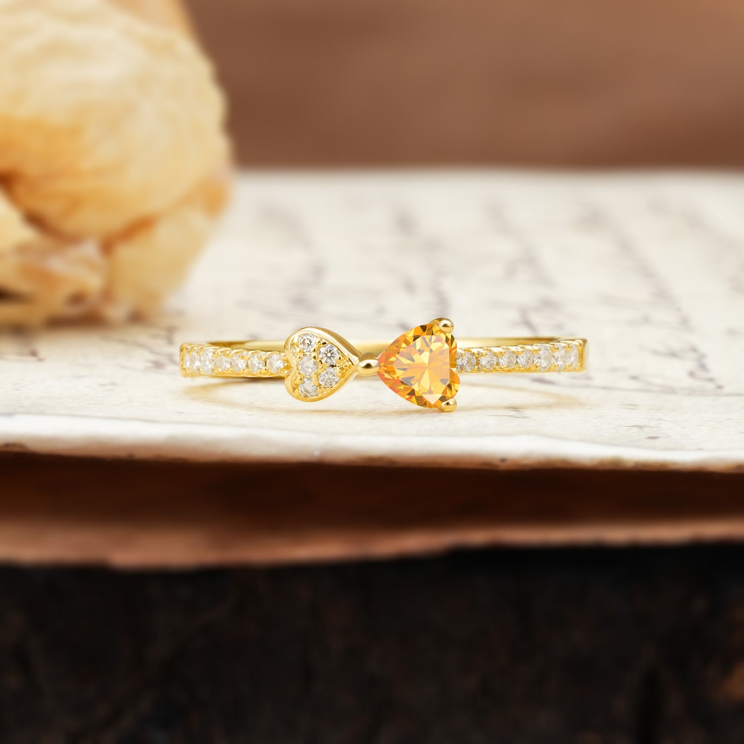Unique Double-Heart 3-Prong Heart Cut Citrine Engagement Ring - Additional view