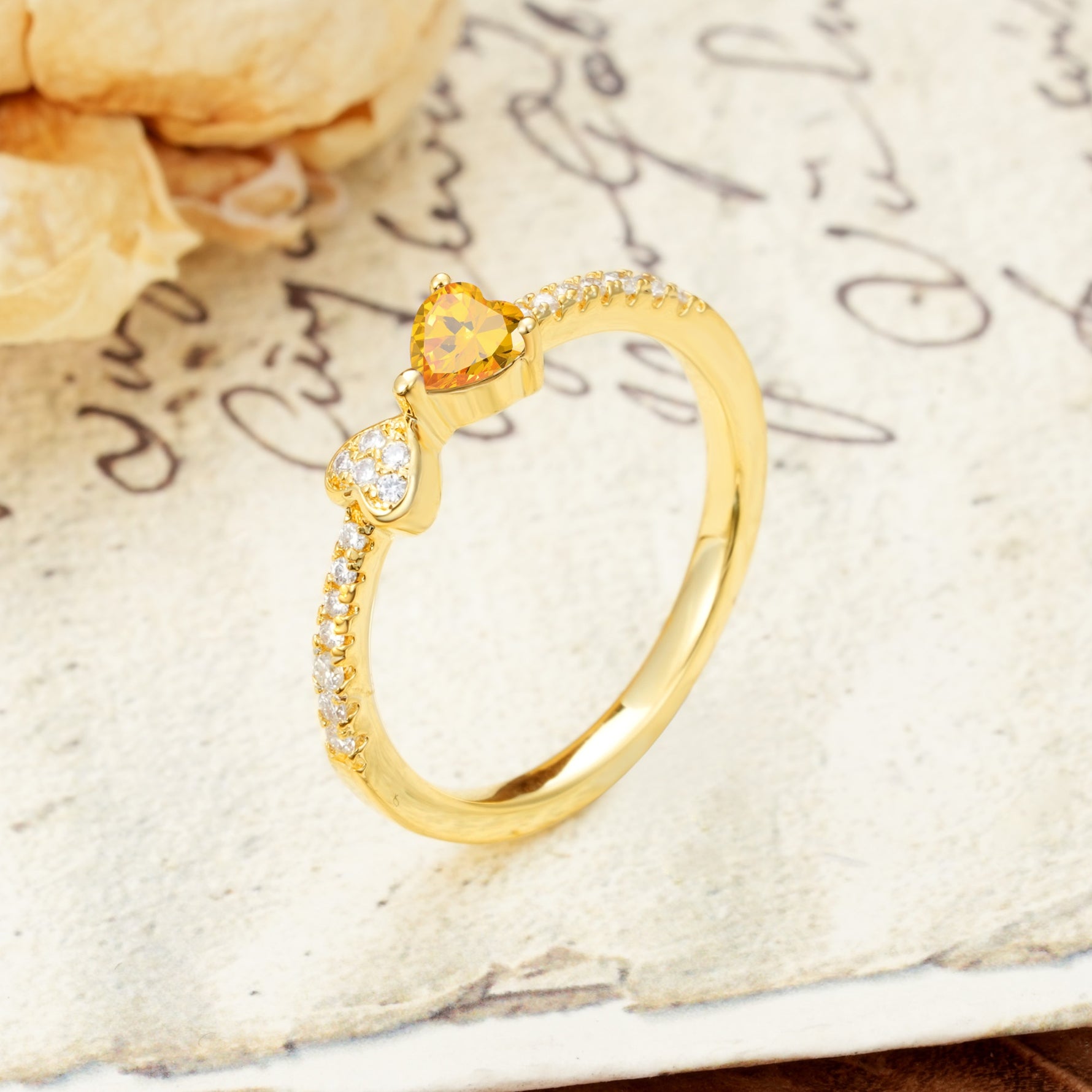 Unique Double-Heart 3-Prong Heart Cut Citrine Engagement Ring - Additional view